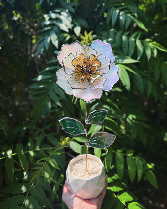 " . Beautiful Peony White & yellow iridescent Stained glass flower, tropical 3D Sun catcher, Table plant decor, wedding gift, available new