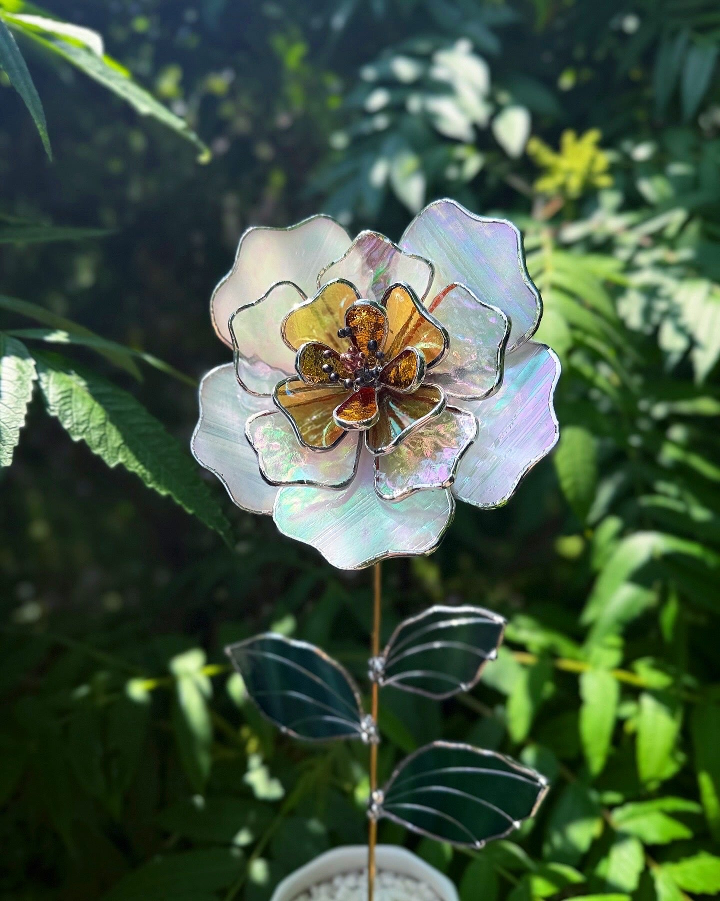 " . Beautiful Peony White & yellow iridescent Stained glass flower, tropical 3D Sun catcher, Table plant decor, wedding gift, available new