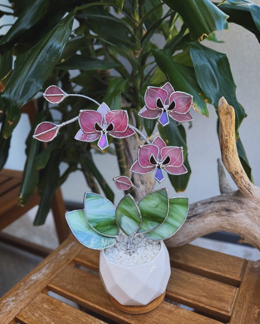 ". Baby Pink Orchid 3 flowers with pot” Stained glass tropical flower 3D, Sun catcher, Table plant, Garden stick, Outdoor and gardening decor
