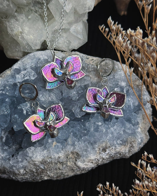 " . CHOOSE COLOR “EARRINGS AND NECKLACE SET Orchid flower” Stained glass tropical flower 3D, art jewelry