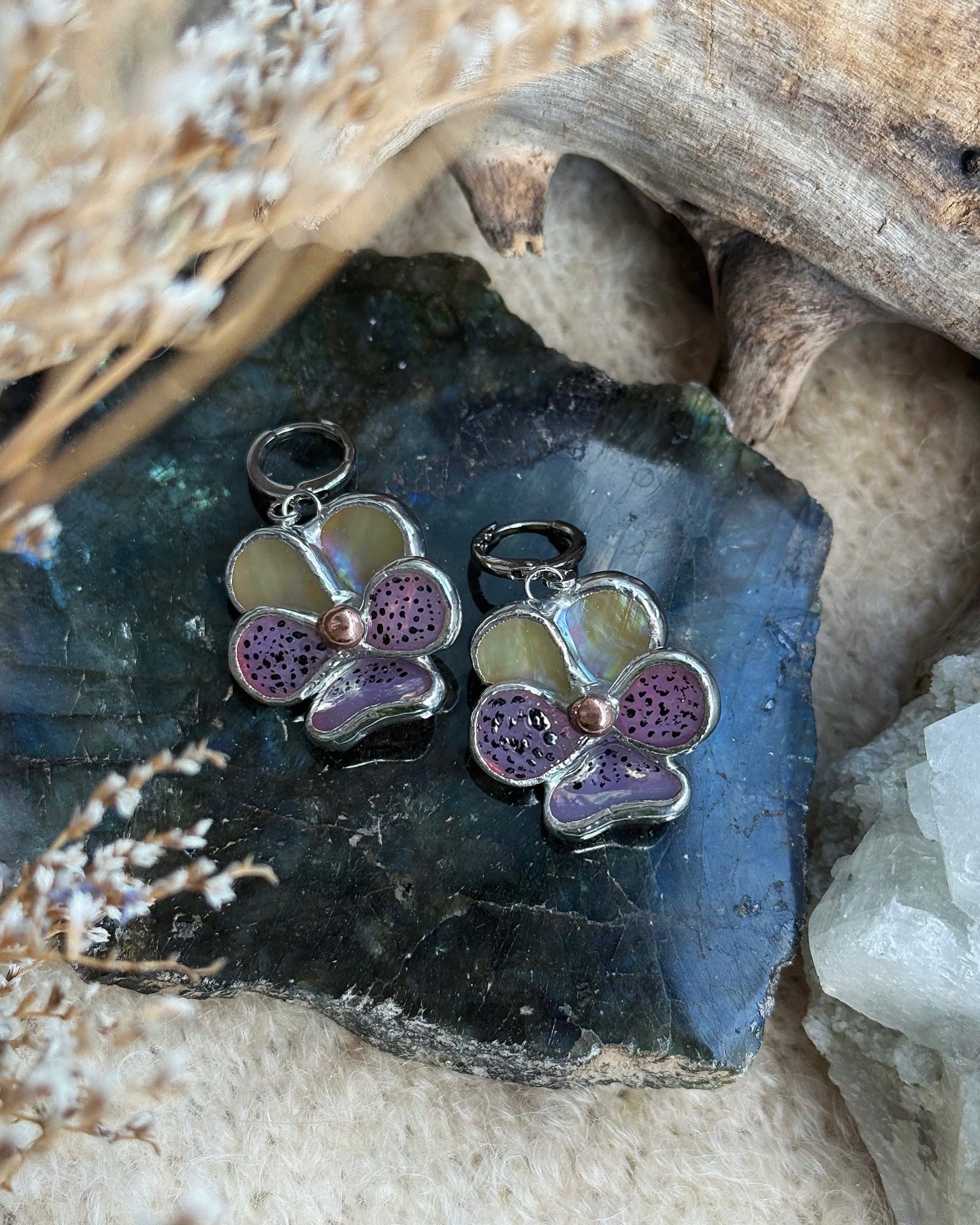 " . Earrings Pansy flower” Stained glass modern floral art jewelry