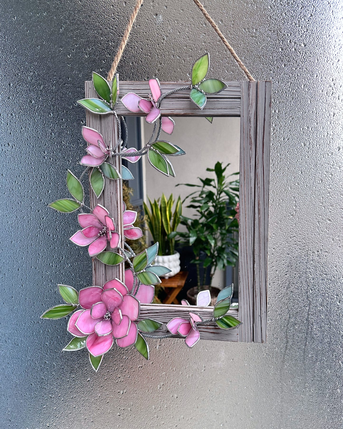 " . Flower Mirror Pink Magnolia, Stained glass Wedding Wall Decor Christmas gift, Suncatcher