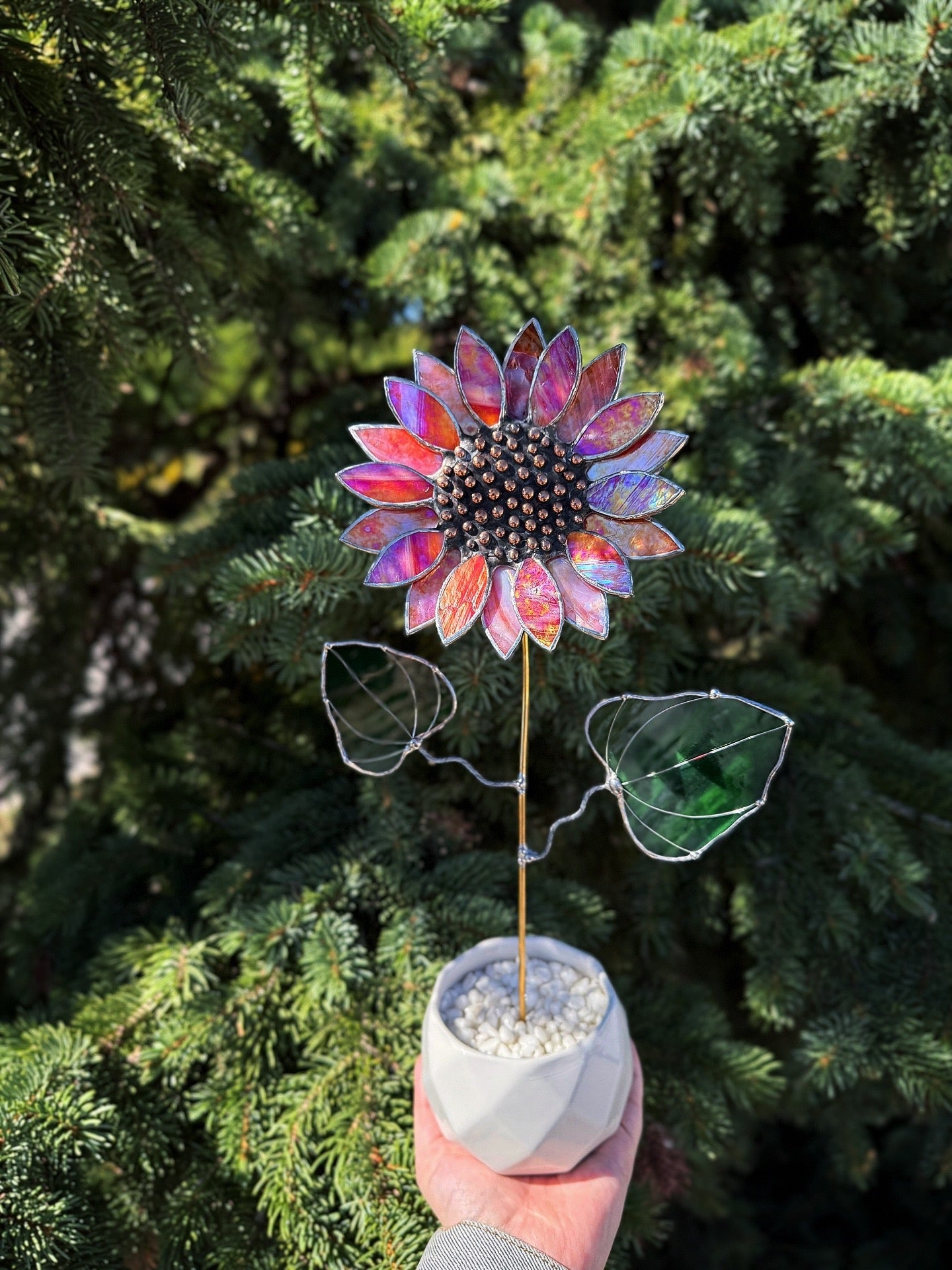 " .  Sunflower Red Amber iridescent", stained glass tropical flower 3D, Sun catcher, Table plant decor, Garden stake, Outdoor and gardening, wedding Christmas gift