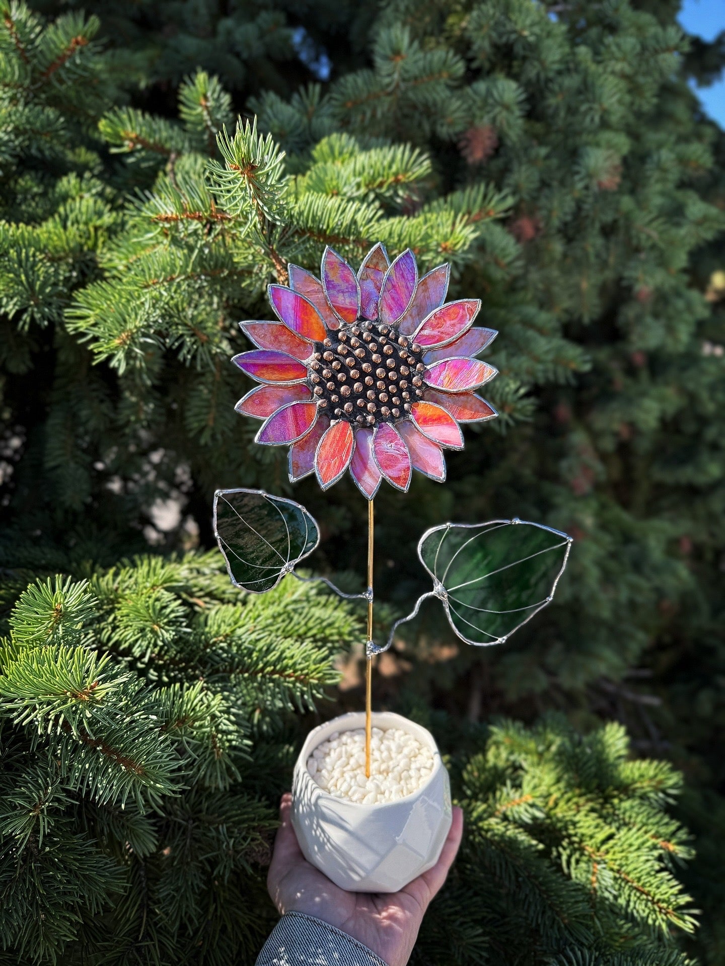 " .  Sunflower Red Amber iridescent", stained glass tropical flower 3D, Sun catcher, Table plant decor, Garden stake, Outdoor and gardening, wedding Christmas gift