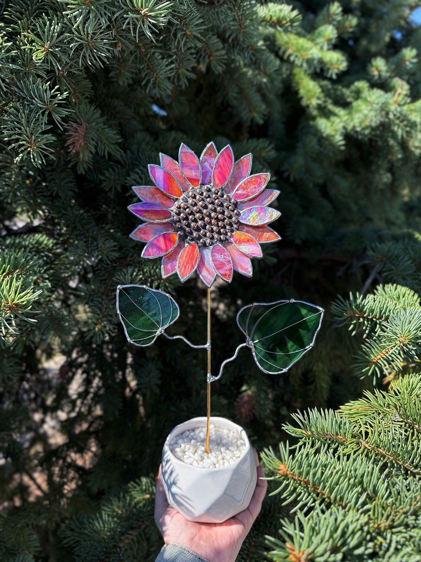 " .  Sunflower Red Amber iridescent", stained glass tropical flower 3D, Sun catcher, Table plant decor, Garden stake, Outdoor and gardening, wedding Christmas gift