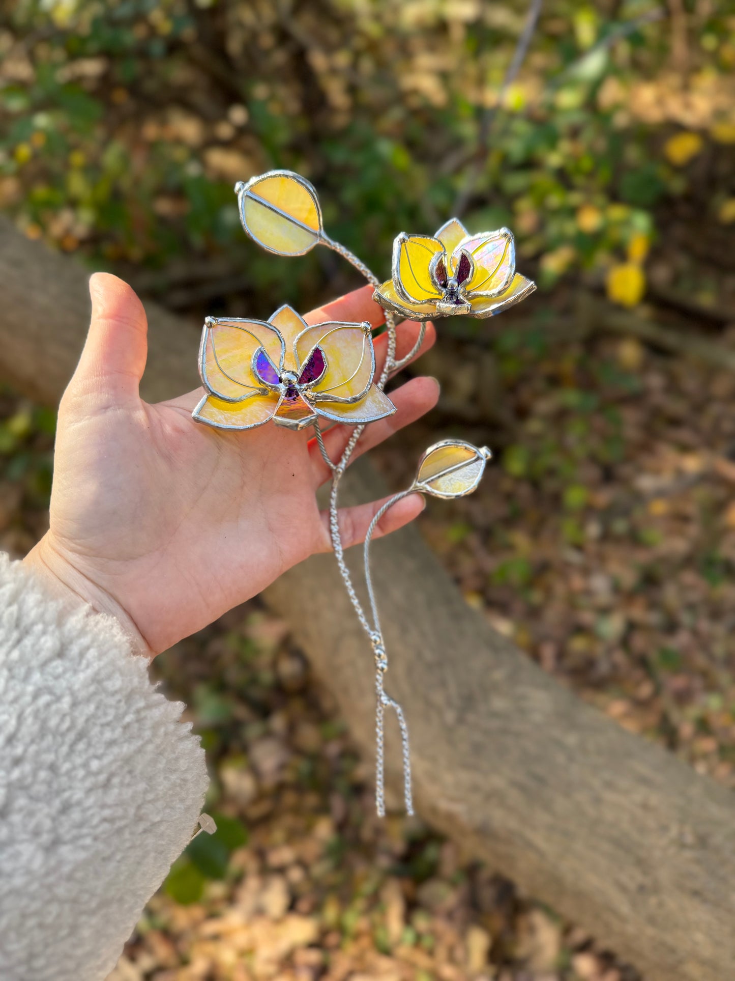 " . Lemon yellow irid Orchid flower stick, Plant stake 2 flowers no pot” Stained glass tropical flower 3D, Sun catcher, Table plant, Garden stick, Outdoor and gardening decor (Copy)