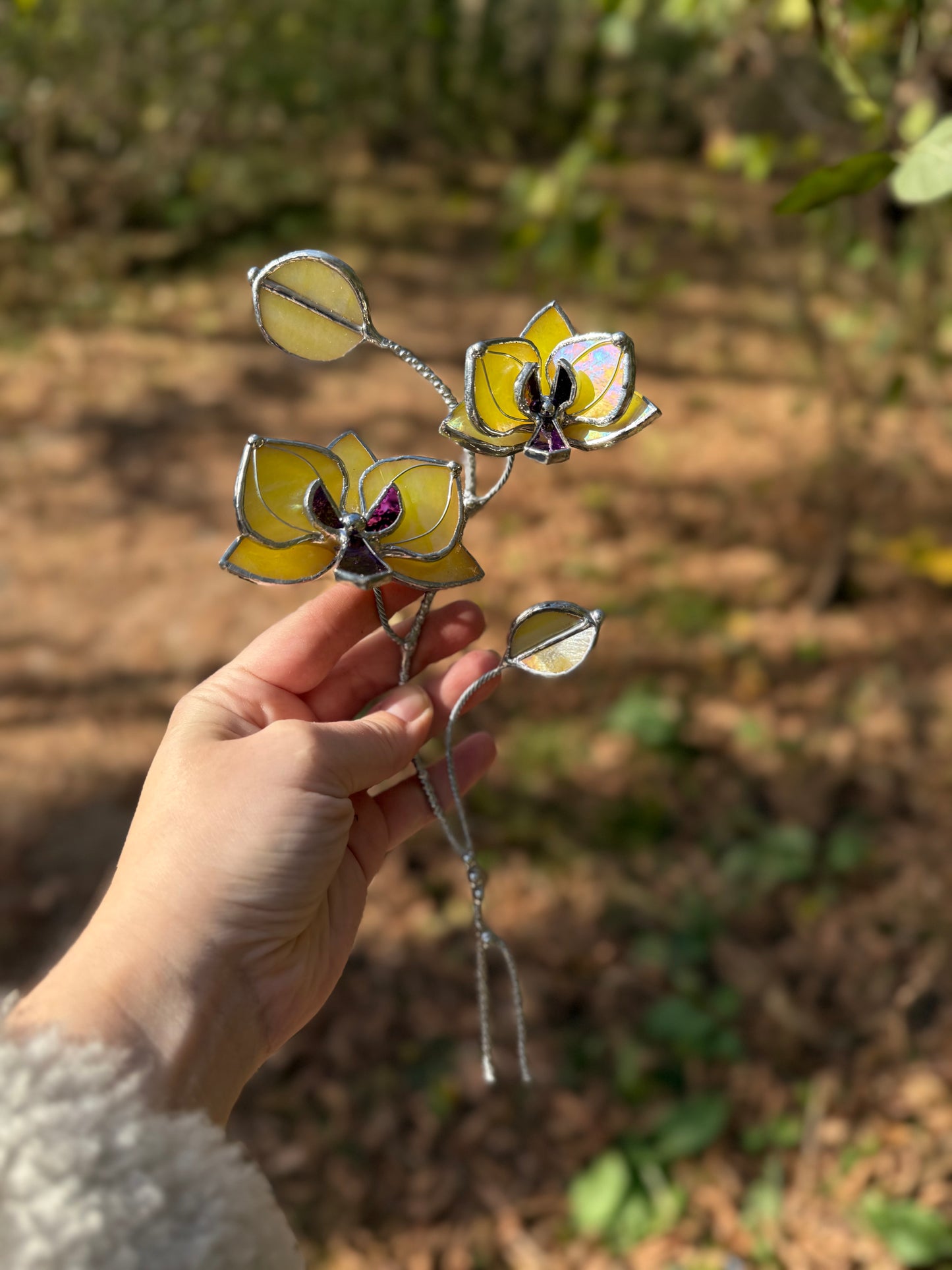 " . Lemon yellow irid Orchid flower stick, Plant stake 2 flowers no pot” Stained glass tropical flower 3D, Sun catcher, Table plant, Garden stick, Outdoor and gardening decor (Copy)