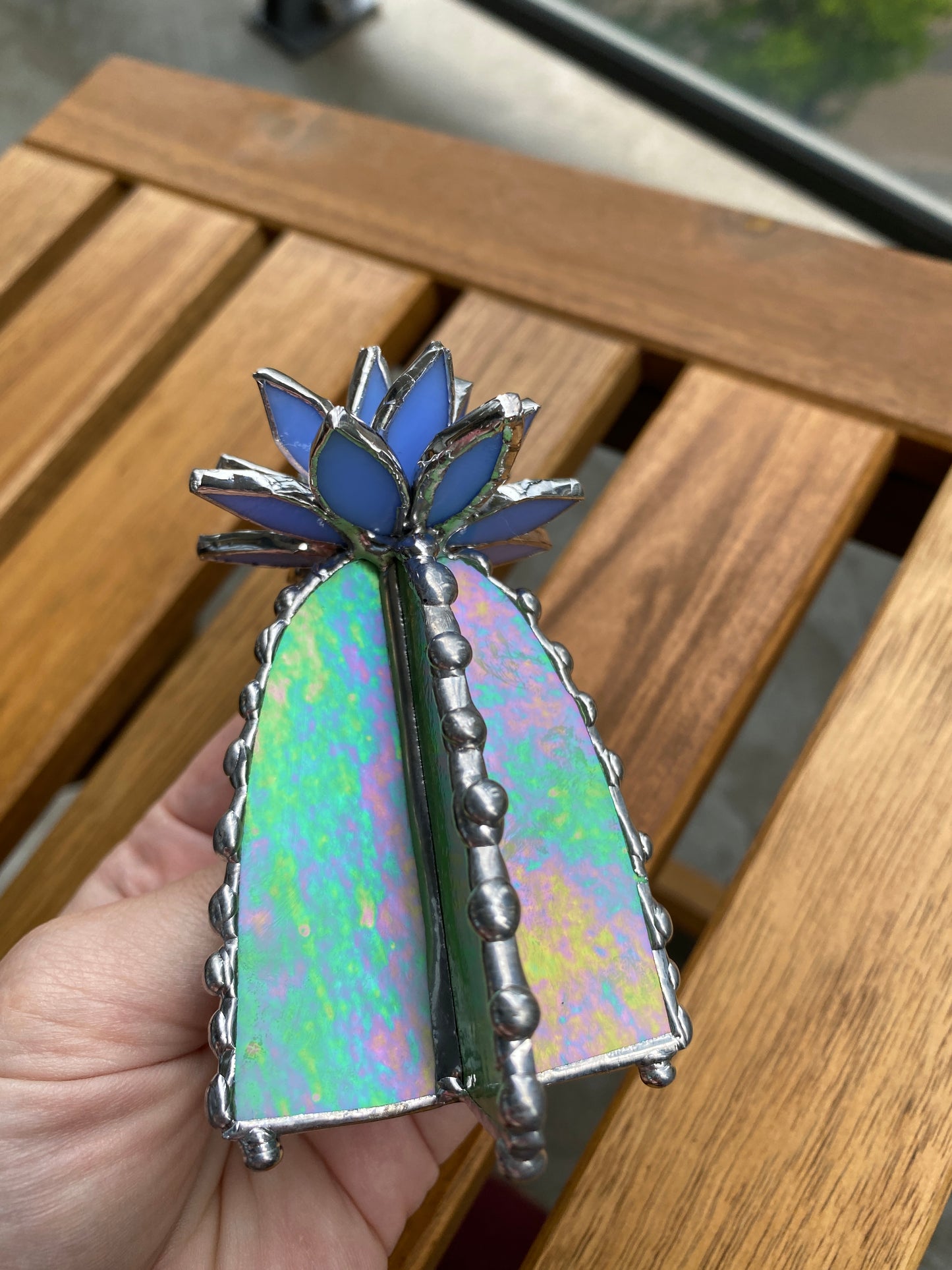 "Cactus Irid Blue " Stained glass , Succulent 3D design, Mother’s Day gift, house plant for flower pot, Sun catcher, glass art