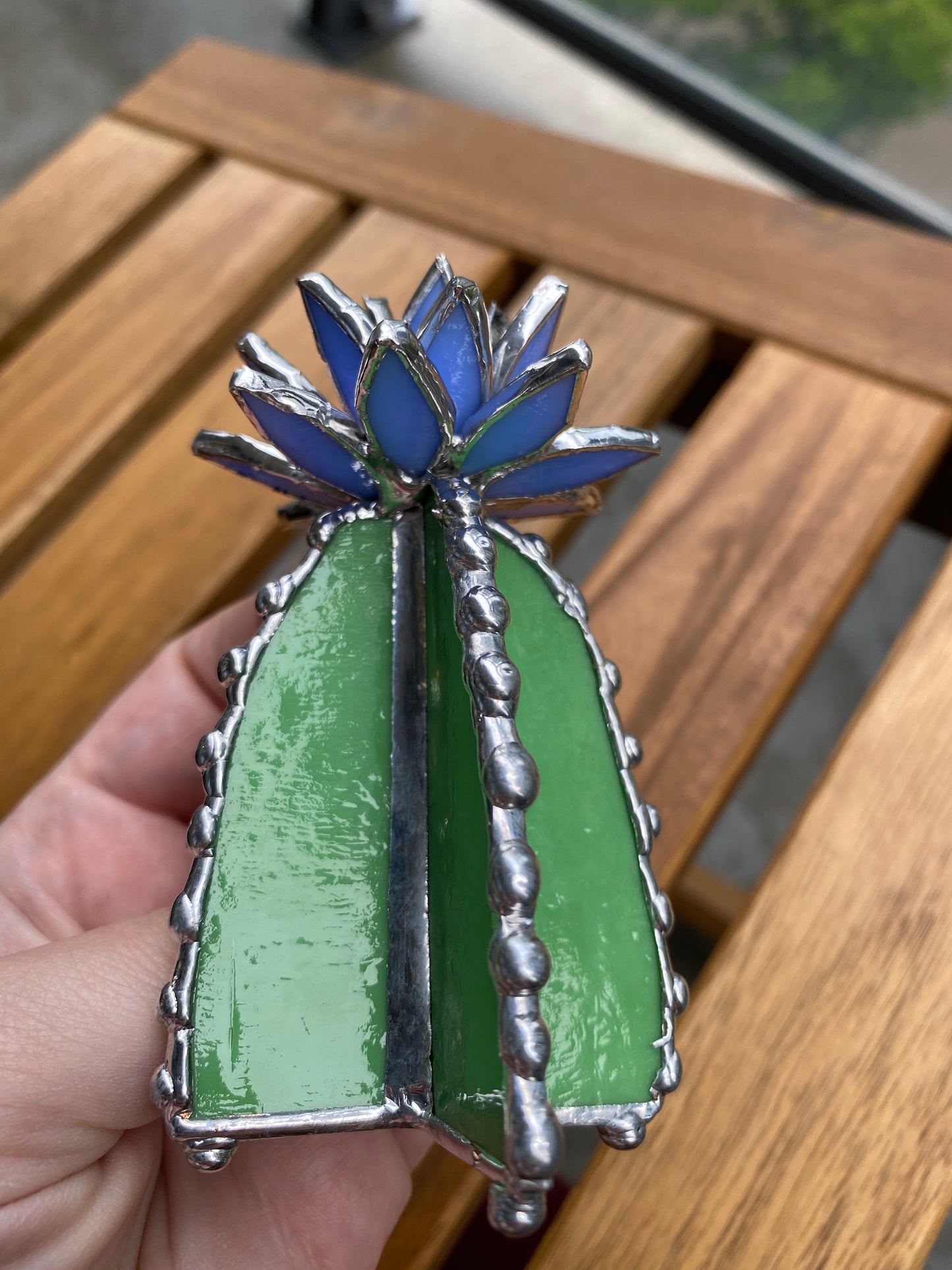 "Cactus Irid Blue " Stained glass , Succulent 3D design, Mother’s Day gift, house plant for flower pot, Sun catcher, glass art