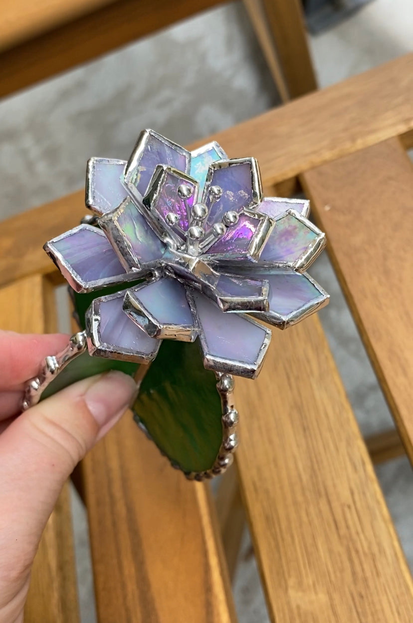 "Cactus blooming Purple Iridescent XL", Stained glass Succulent 3D, Echeveria, everlasting plant for flower pot