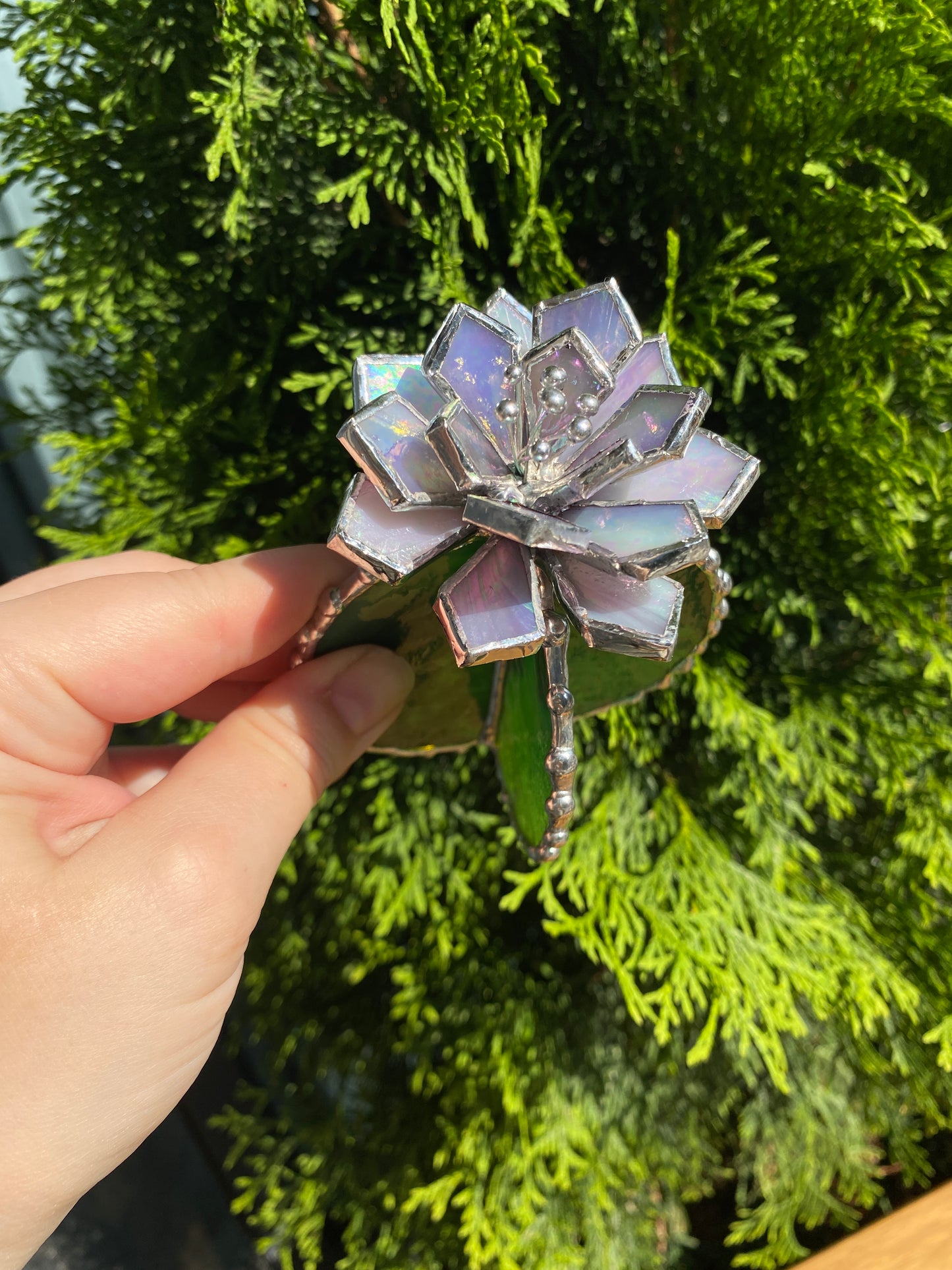 "Cactus blooming Purple Iridescent XL", Stained glass Succulent 3D, Echeveria, everlasting plant for flower pot