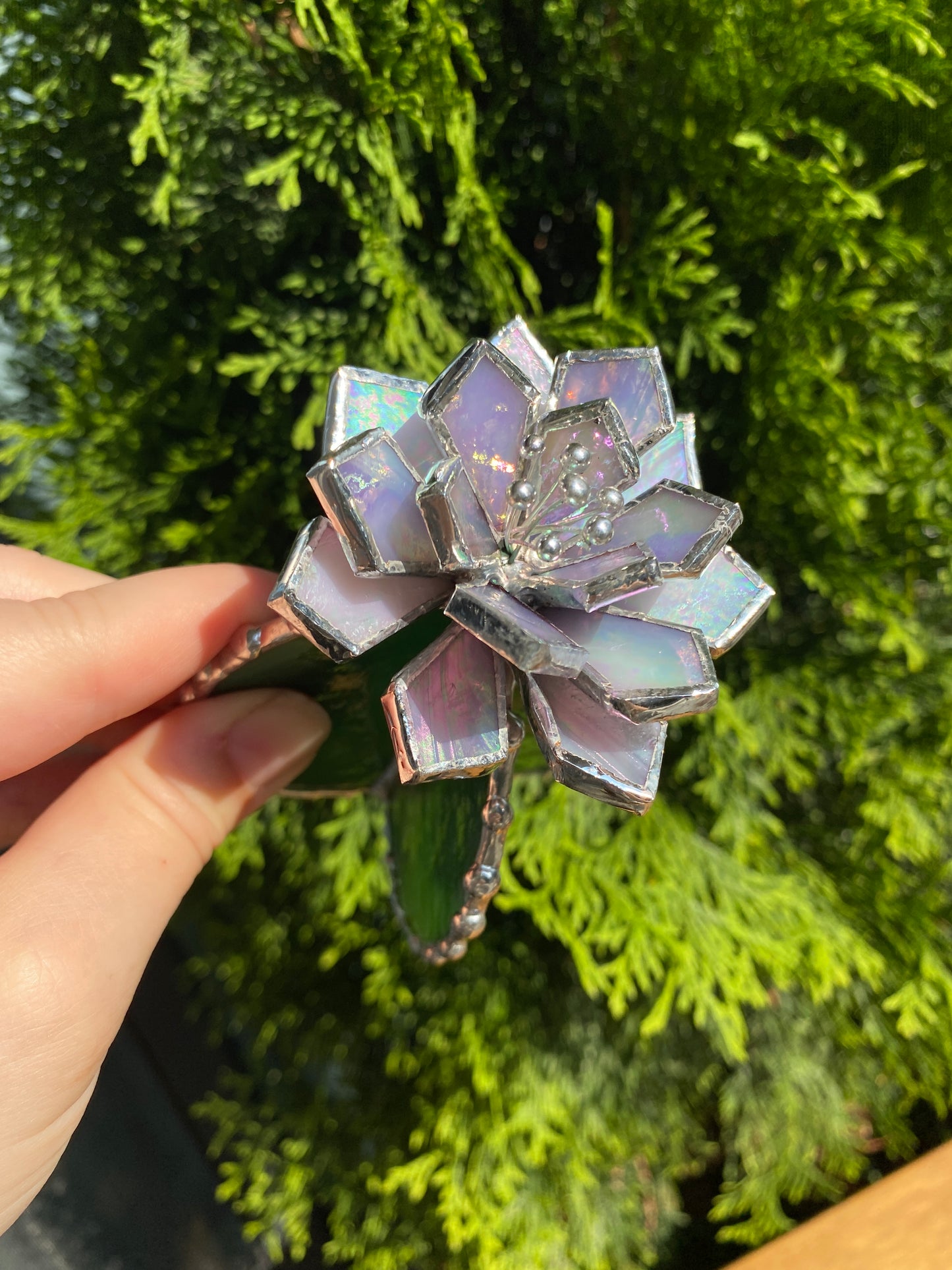 "Cactus blooming Purple Iridescent XL", Stained glass Succulent 3D, Echeveria, everlasting plant for flower pot