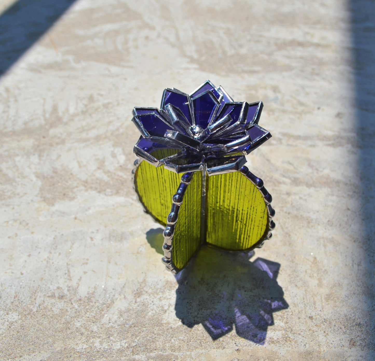 "Cactus XL blooming Purple green transparent” Stained glass , Succulent 3D, Echeveria, everlasting plant for flower pot