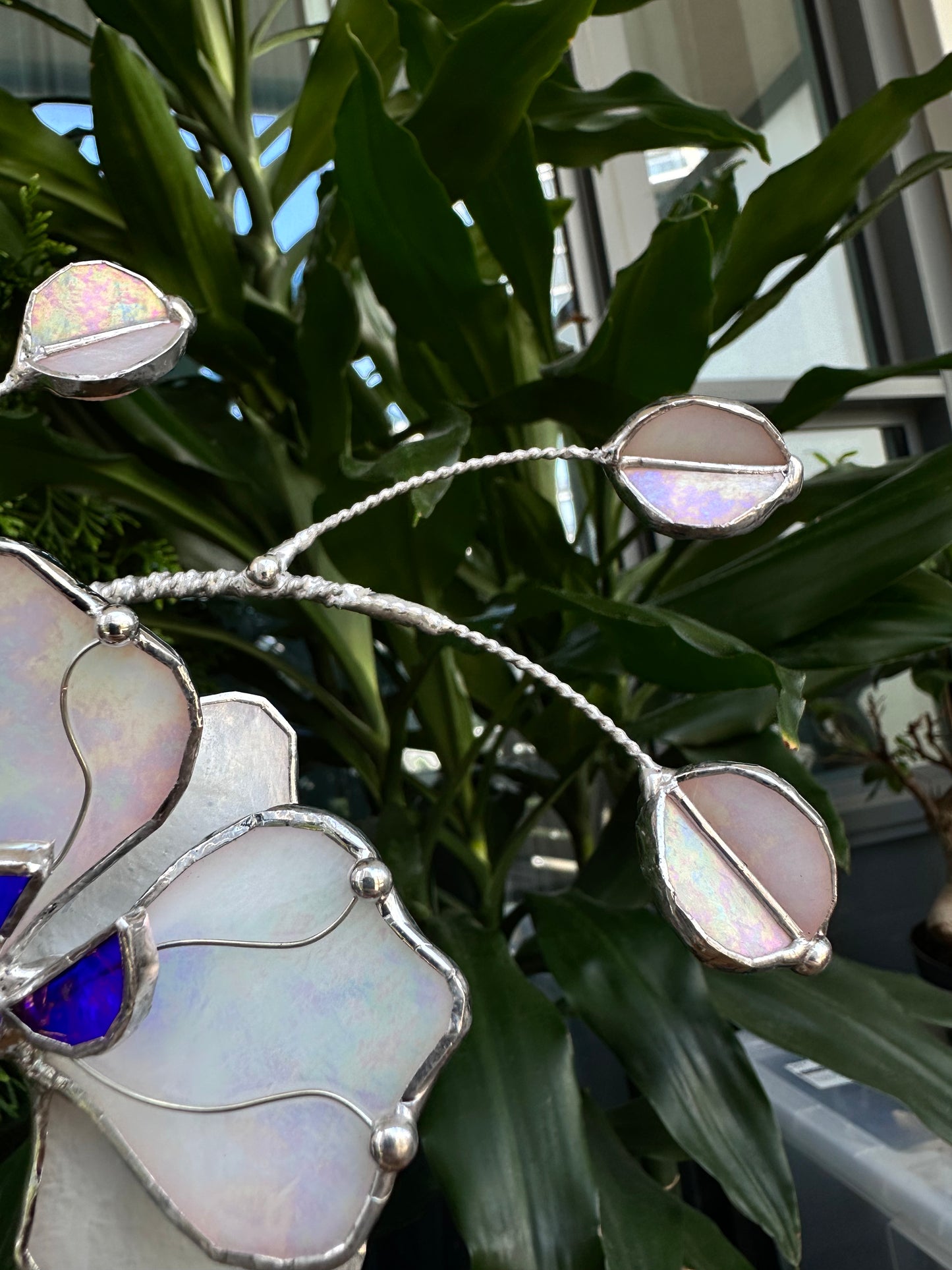 ".Orchid White Butterfly XL Iridescent ”, Stained glass tropical flower 3D, Sun catcher, Table plant decor, Garden stake, wedding decor, Christmas gift