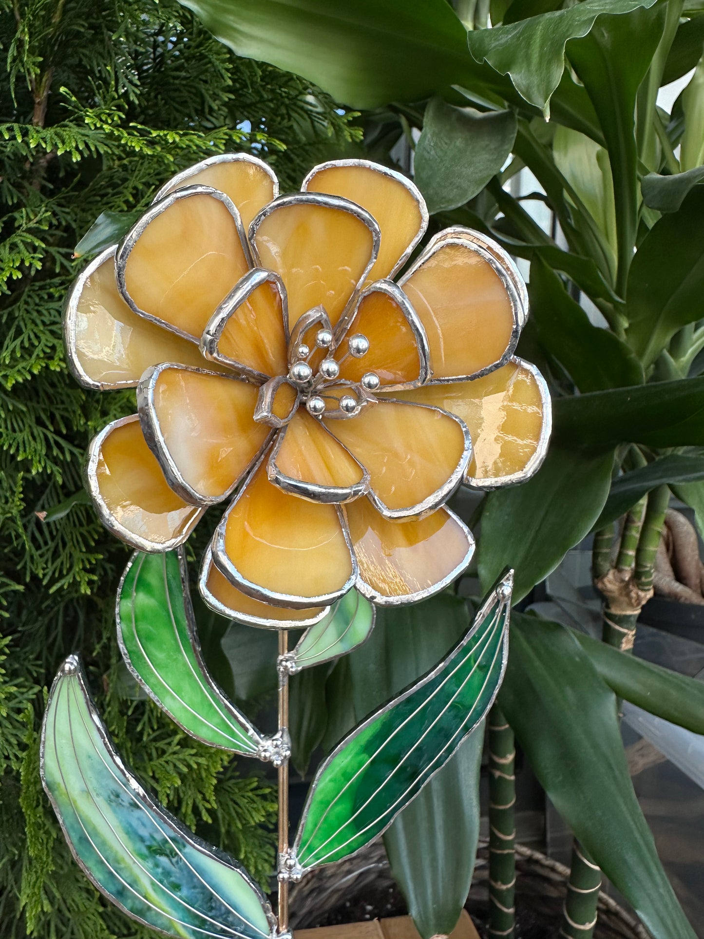 ".Peach Peony", Stained glass tropical flower 3D, Sun catcher, Table plant decor, Garden stake, wedding decor, Christmas gift