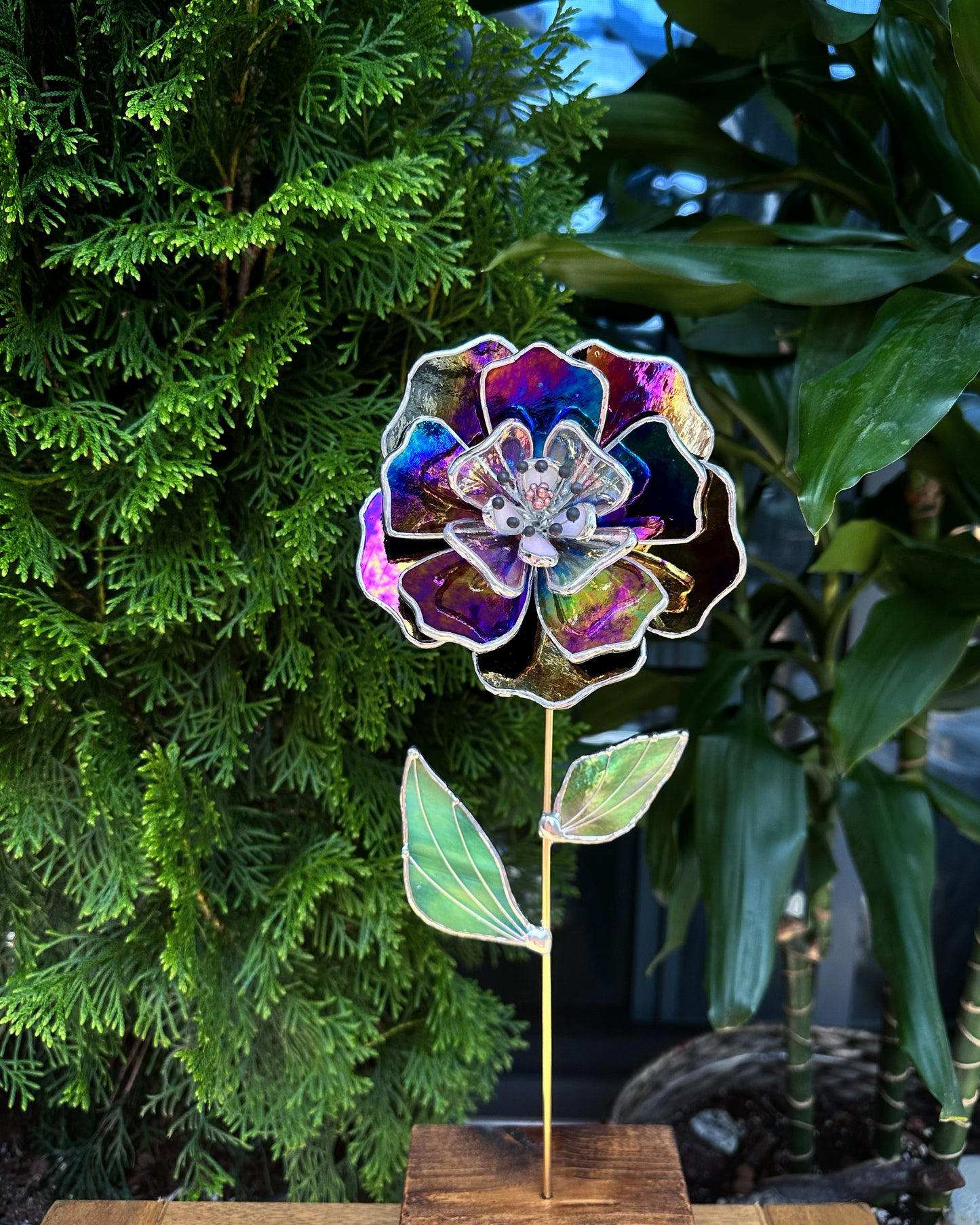 ". Multicolour Peony flower Iridescent", Stained glass tropical flower 3D, Sun catcher, Table plant decor, Garden stake, wedding decor, Christmas gift