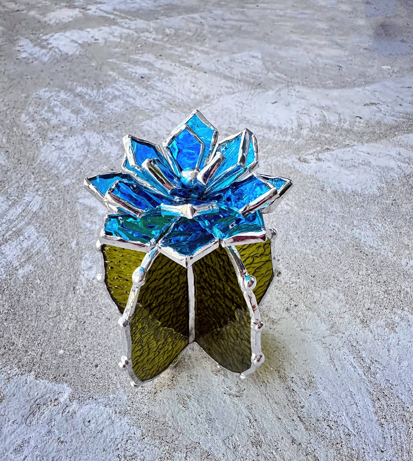 "Cactus XL blooming Sky blue transparent”" stained glass , Succulent 3D design, house indoor plant for flower pot, Sun catcher, wedding decor