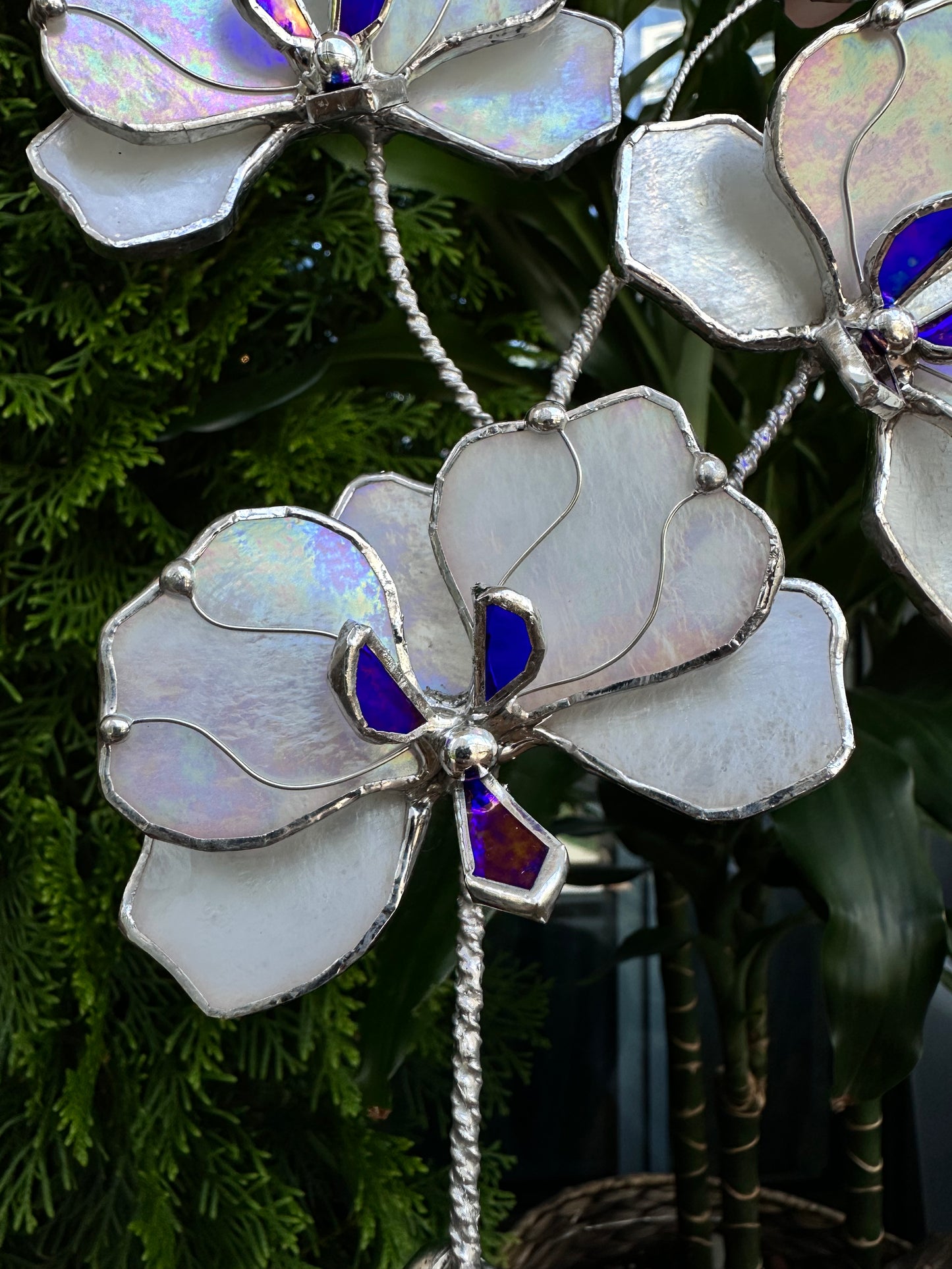 ".Orchid White Butterfly XL Iridescent ”, Stained glass tropical flower 3D, Sun catcher, Table plant decor, Garden stake, wedding decor, Christmas gift