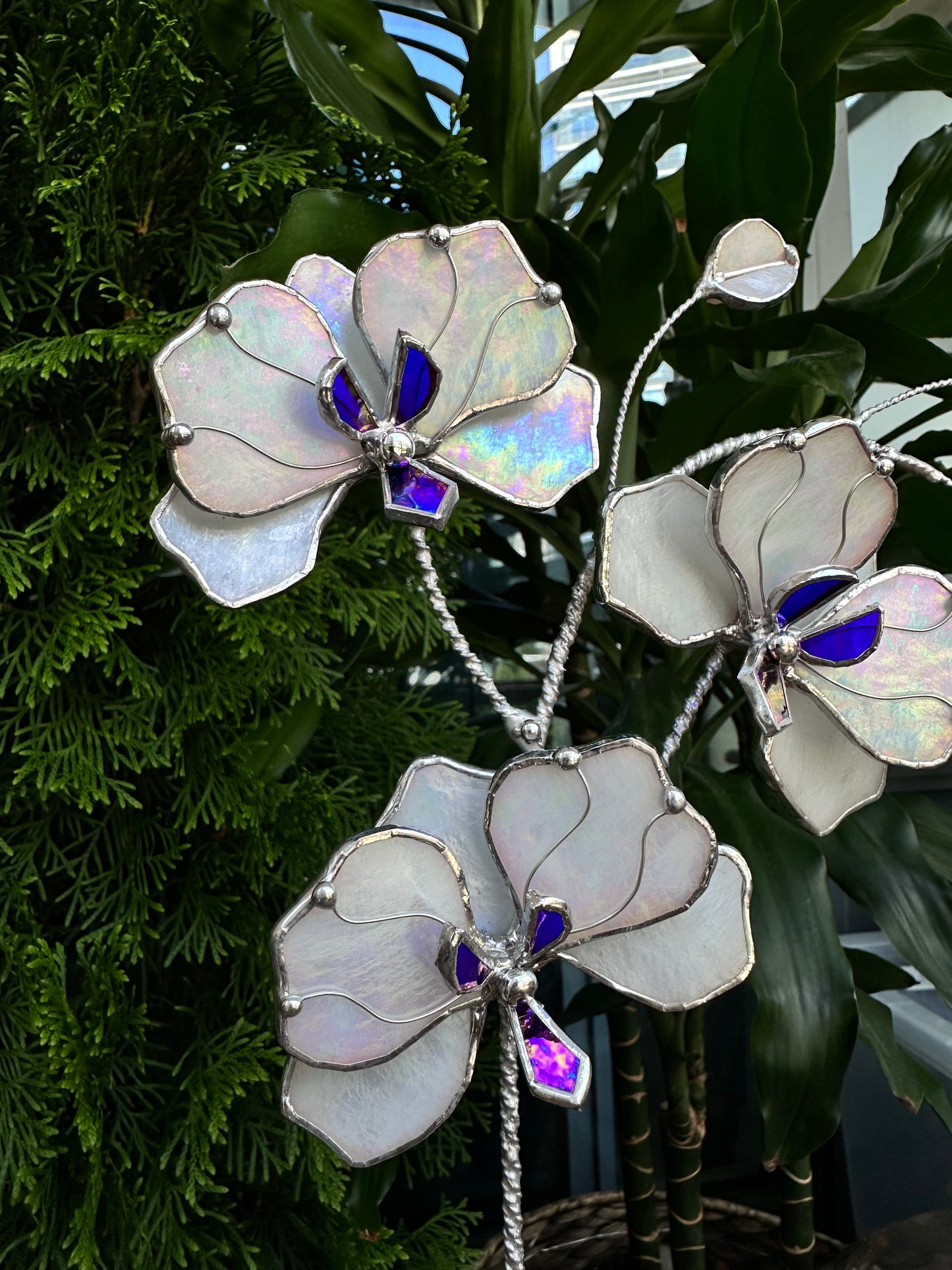 ".Orchid White Butterfly XL Iridescent ”, Stained glass tropical flower 3D, Sun catcher, Table plant decor, Garden stake, wedding decor, Christmas gift