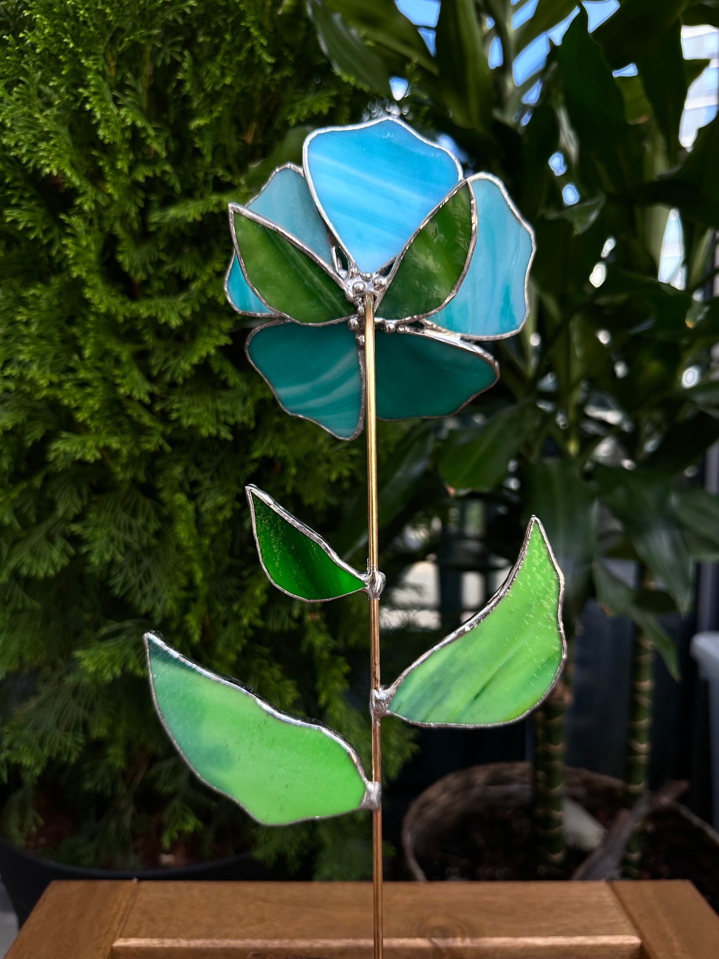 ". Peony Turquoise flower Iridescent" Stained glass tropical flower 3D, Sun catcher, Table plant decor, Garden stake, wedding decor, Christmas gift