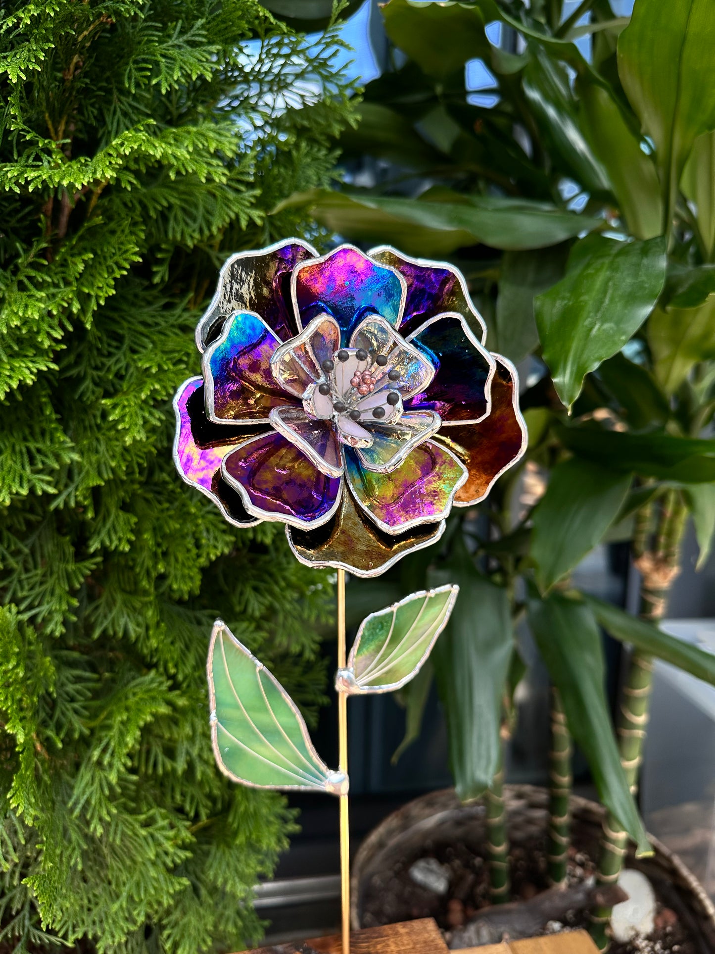 ". Multicolour Peony flower Iridescent", Stained glass tropical flower 3D, Sun catcher, Table plant decor, Garden stake, wedding decor, Christmas gift