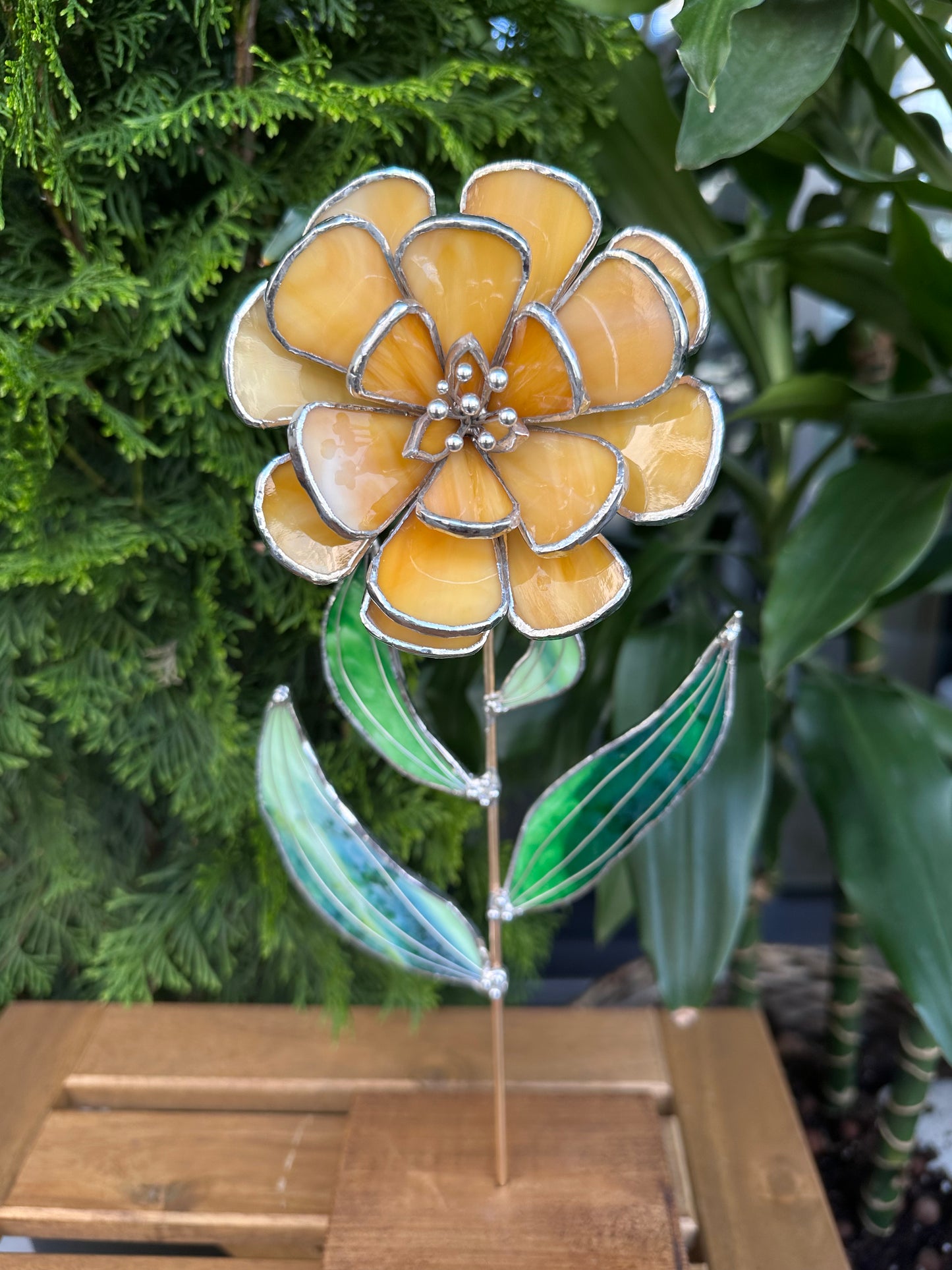 ".Peach Peony", Stained glass tropical flower 3D, Sun catcher, Table plant decor, Garden stake, wedding decor, Christmas gift