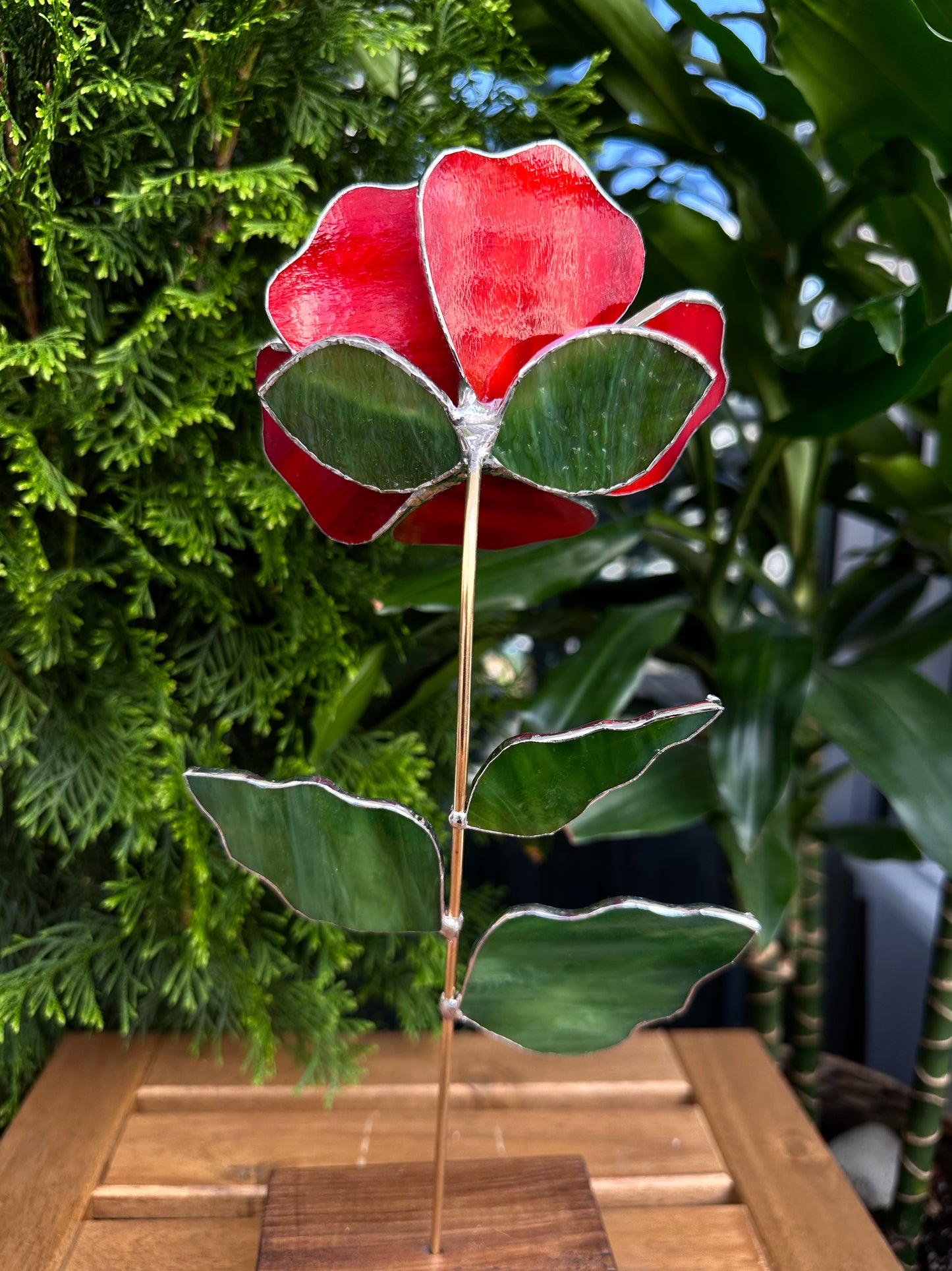 ". Red Poppy Iridescent", Stained glass tropical flower 3D, Sun catcher, Table plant decor, Garden stake, wedding decor, Christmas gift