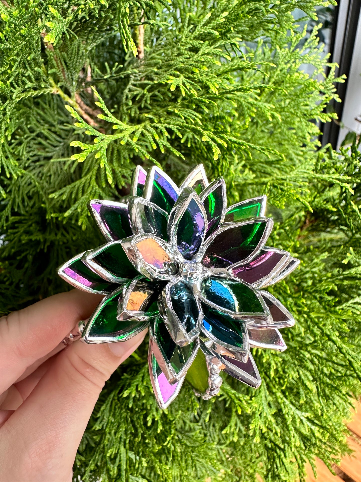 "Cactus Iridescent Green XL" Stained glass, Succulent 3D design, Mother’s Day gift, house plant for flower pot, Sun catcher, glass art