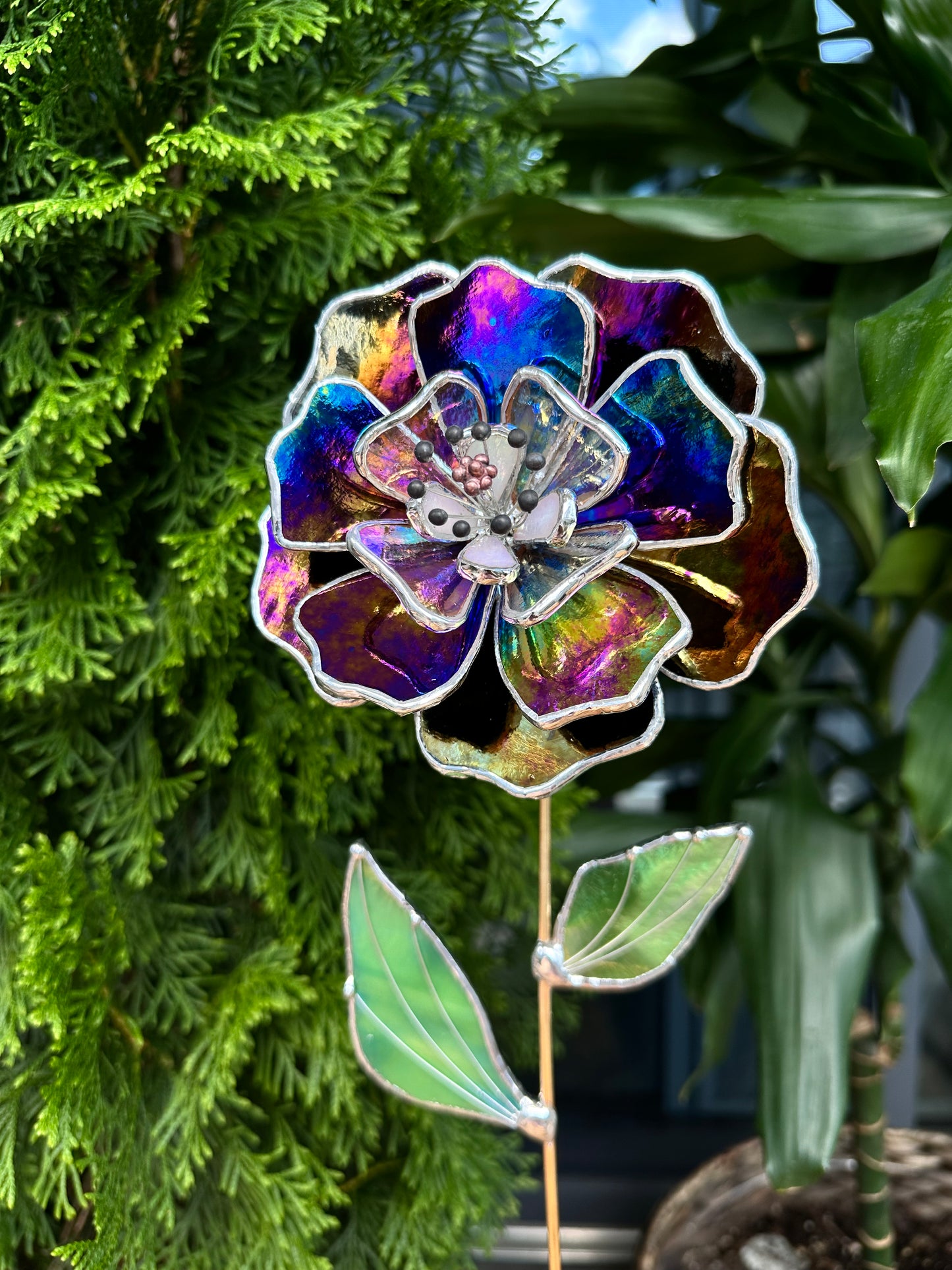 ". Multicolour Peony flower Iridescent", Stained glass tropical flower 3D, Sun catcher, Table plant decor, Garden stake, wedding decor, Christmas gift