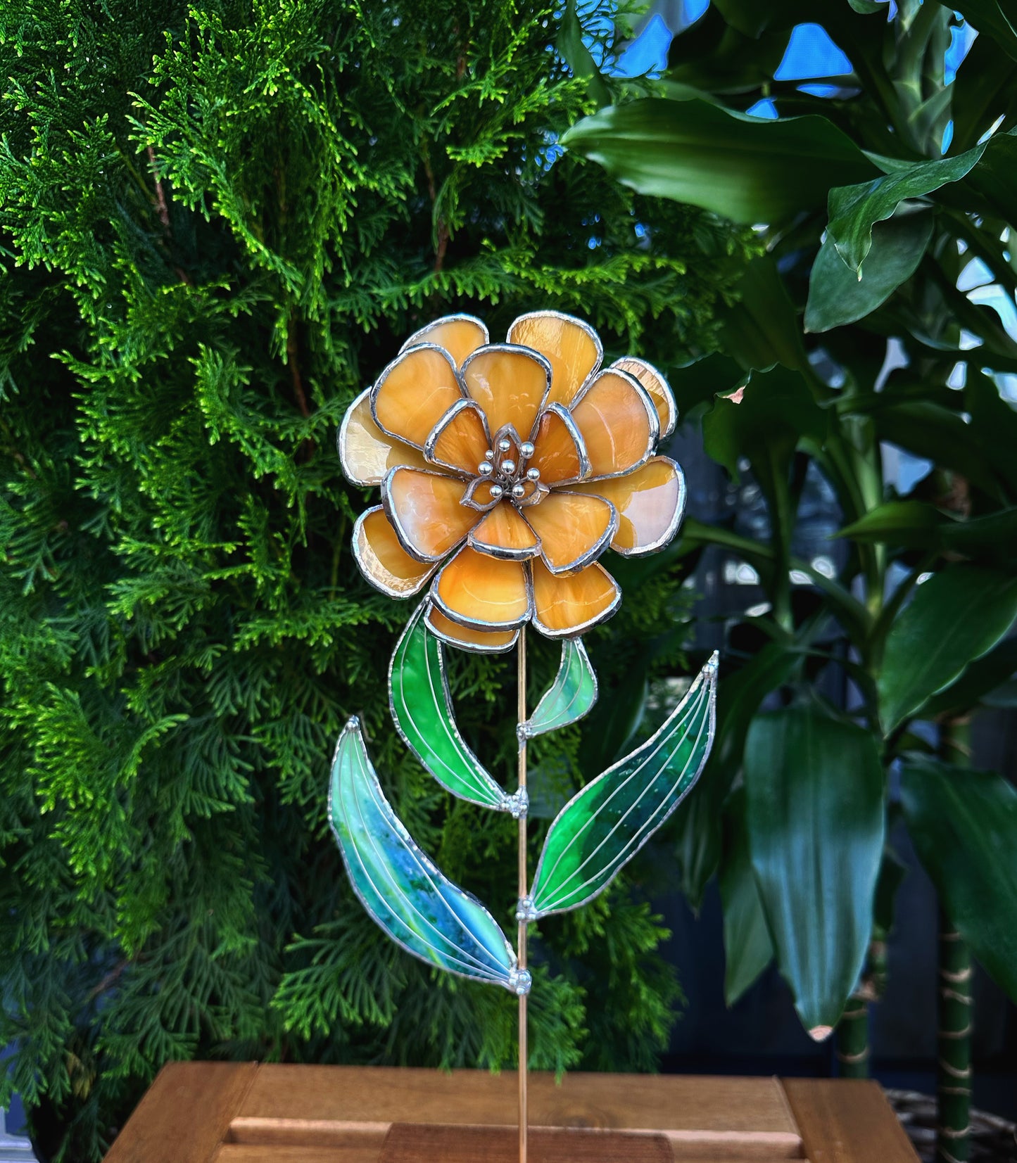 ".Peach Peony", Stained glass tropical flower 3D, Sun catcher, Table plant decor, Garden stake, wedding decor, Christmas gift