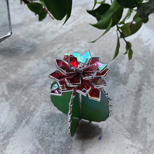 "Cactus XL blooming Red Iridescent" Stained Glass, Succulent 3D, Echeveria, everlasting plant for flower pot