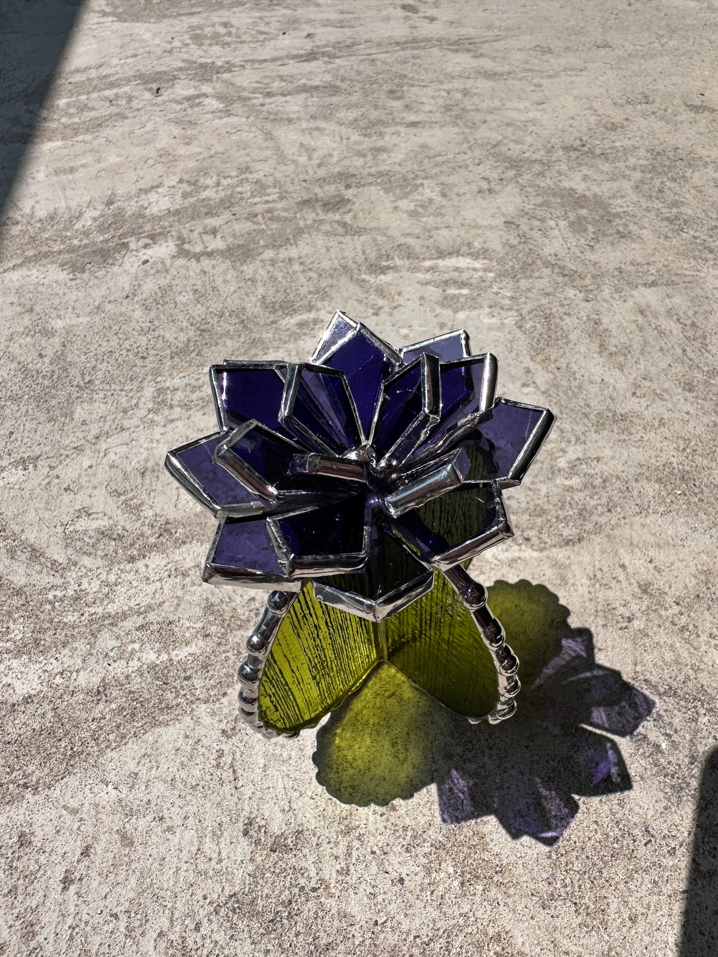 "Cactus XL blooming Purple green transparent” Stained glass , Succulent 3D, Echeveria, everlasting plant for flower pot