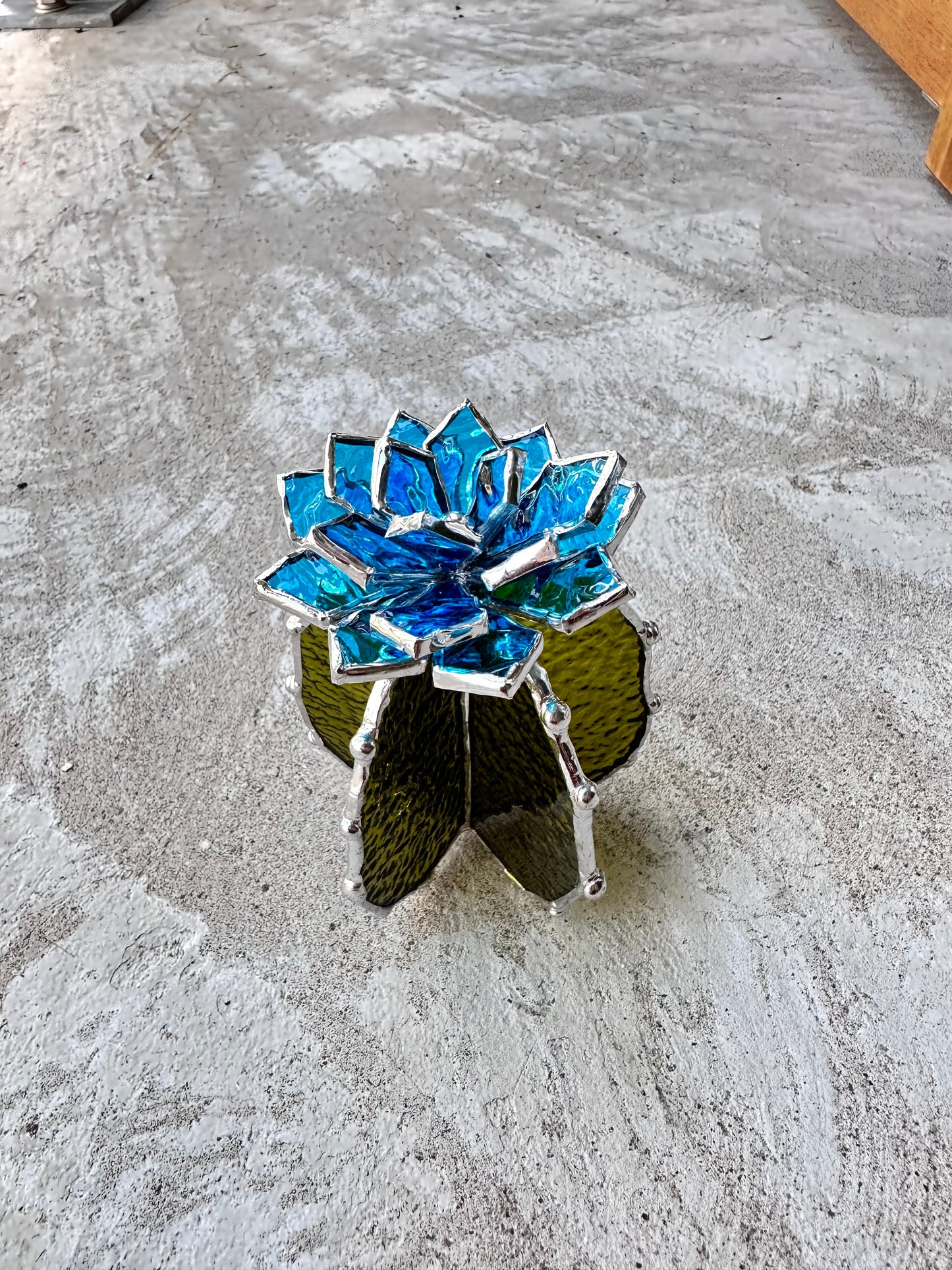 "Cactus XL blooming Sky blue transparent”" stained glass , Succulent 3D design, house indoor plant for flower pot, Sun catcher, wedding decor