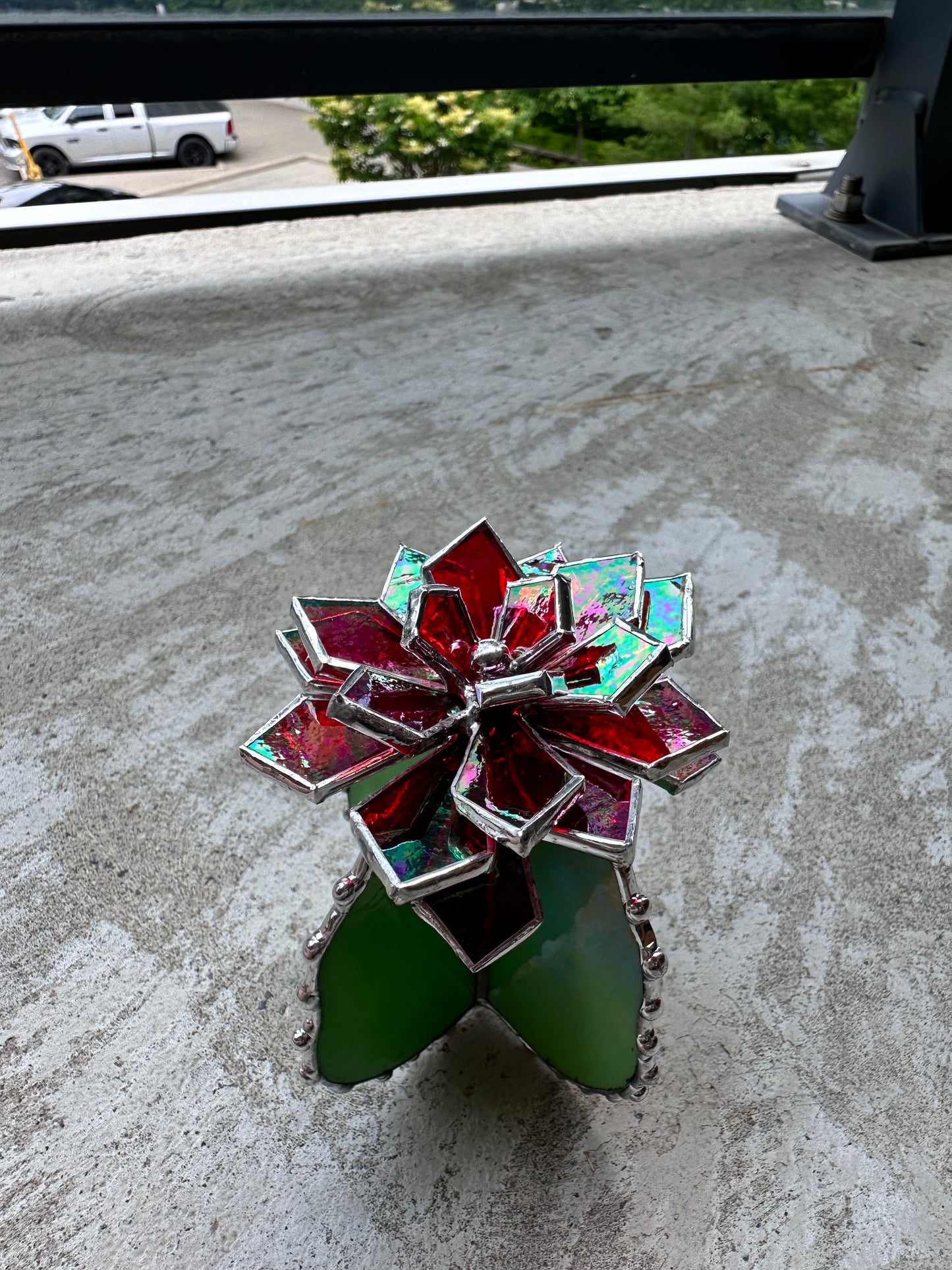 "Cactus XL blooming Red Iridescent" Stained Glass, Succulent 3D, Echeveria, everlasting plant for flower pot