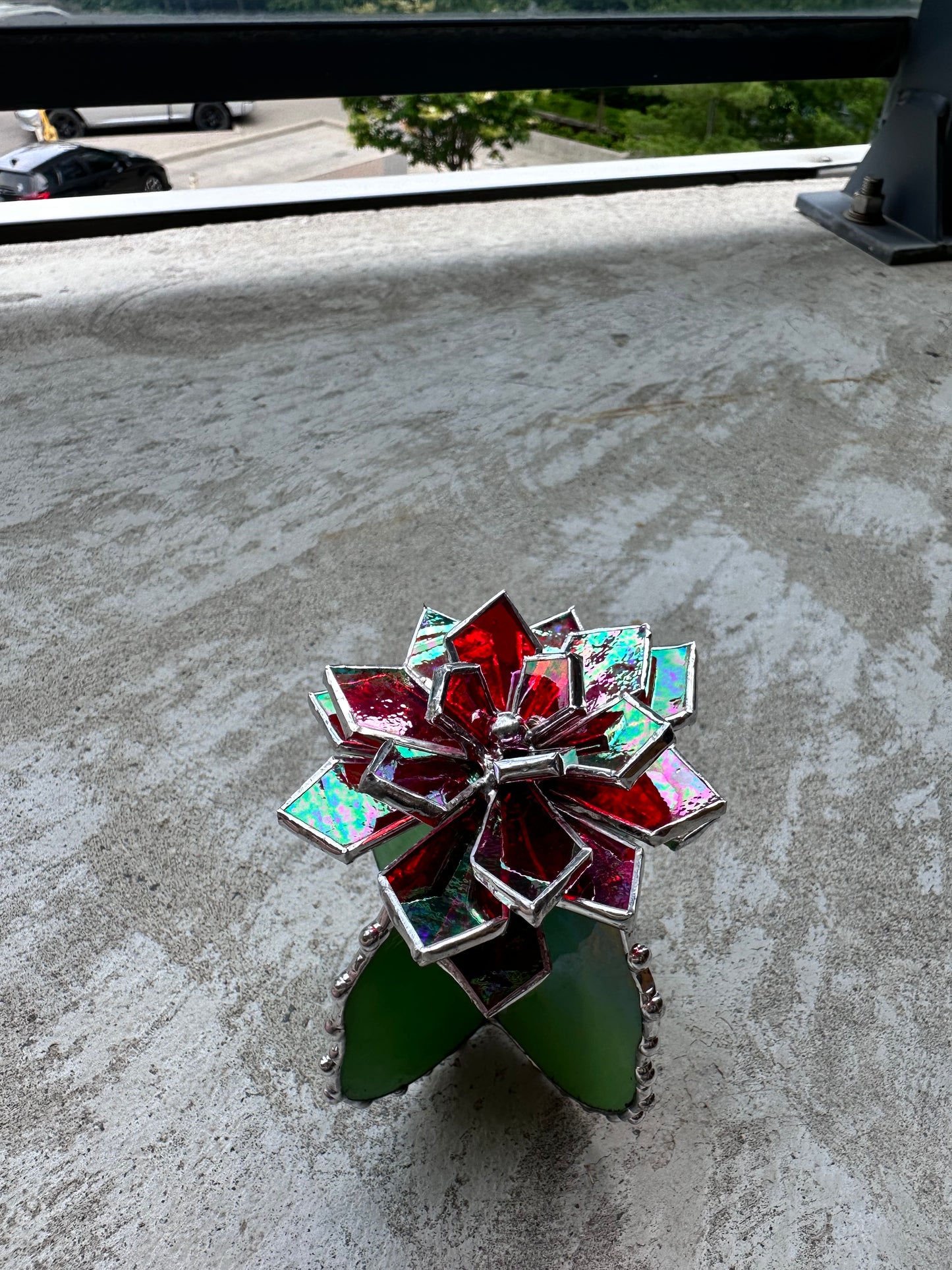 "Cactus XL blooming Red Iridescent" Stained Glass, Succulent 3D, Echeveria, everlasting plant for flower pot