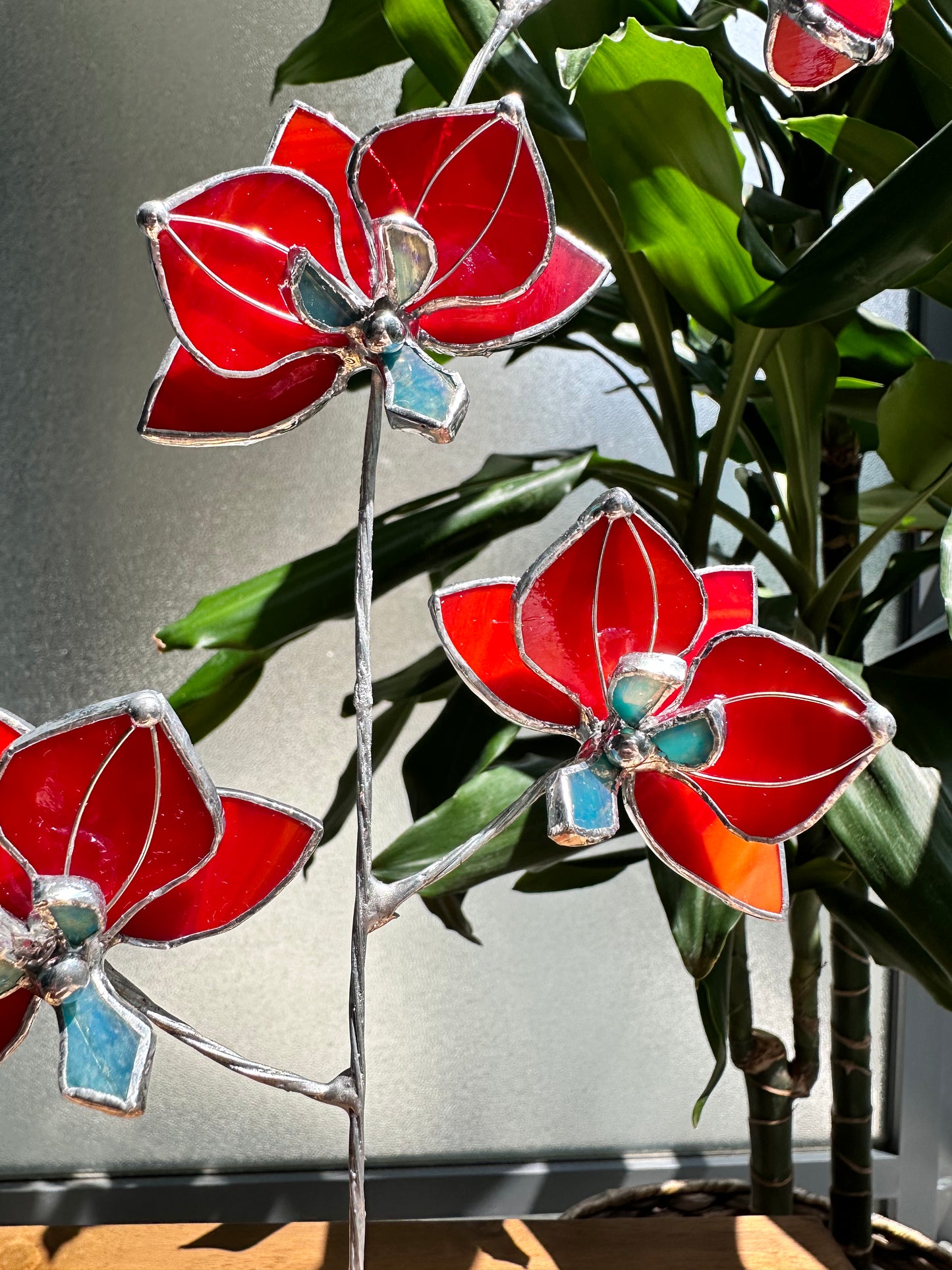 ".Ruby Red Orchid with veins' Stained glass tropical flower 3D, Sun catcher, Table plant decor, Garden stake, wedding decor, Christmas gift