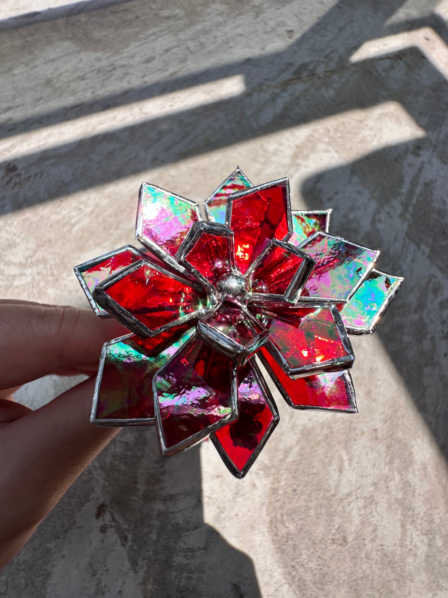 "Cactus XL blooming Red Iridescent" Stained Glass, Succulent 3D, Echeveria, everlasting plant for flower pot