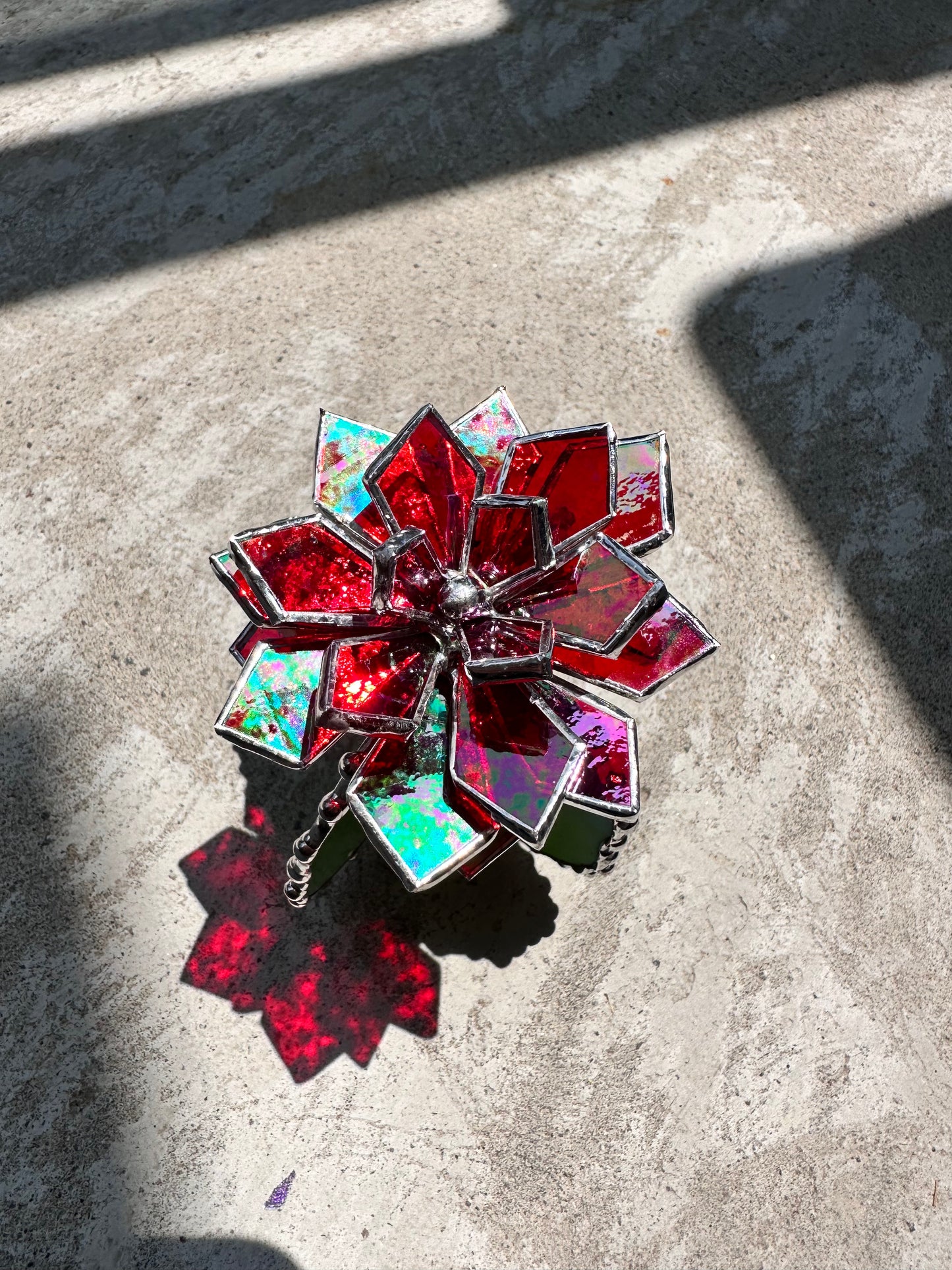 "Cactus XL blooming Red Iridescent" Stained Glass, Succulent 3D, Echeveria, everlasting plant for flower pot