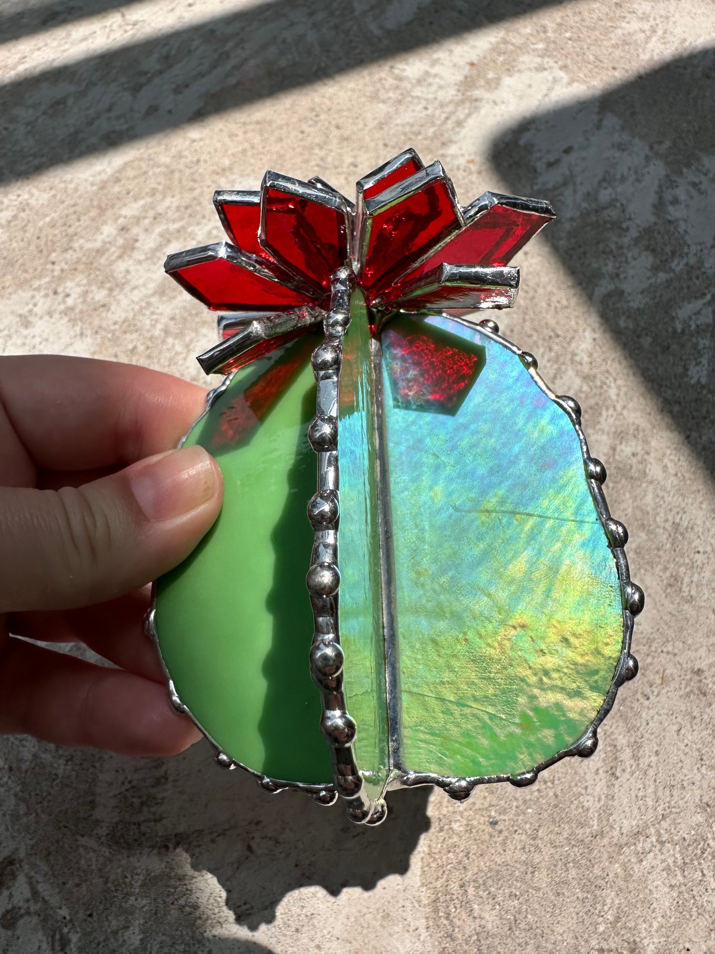 "Cactus XL blooming Red Iridescent" Stained Glass, Succulent 3D, Echeveria, everlasting plant for flower pot