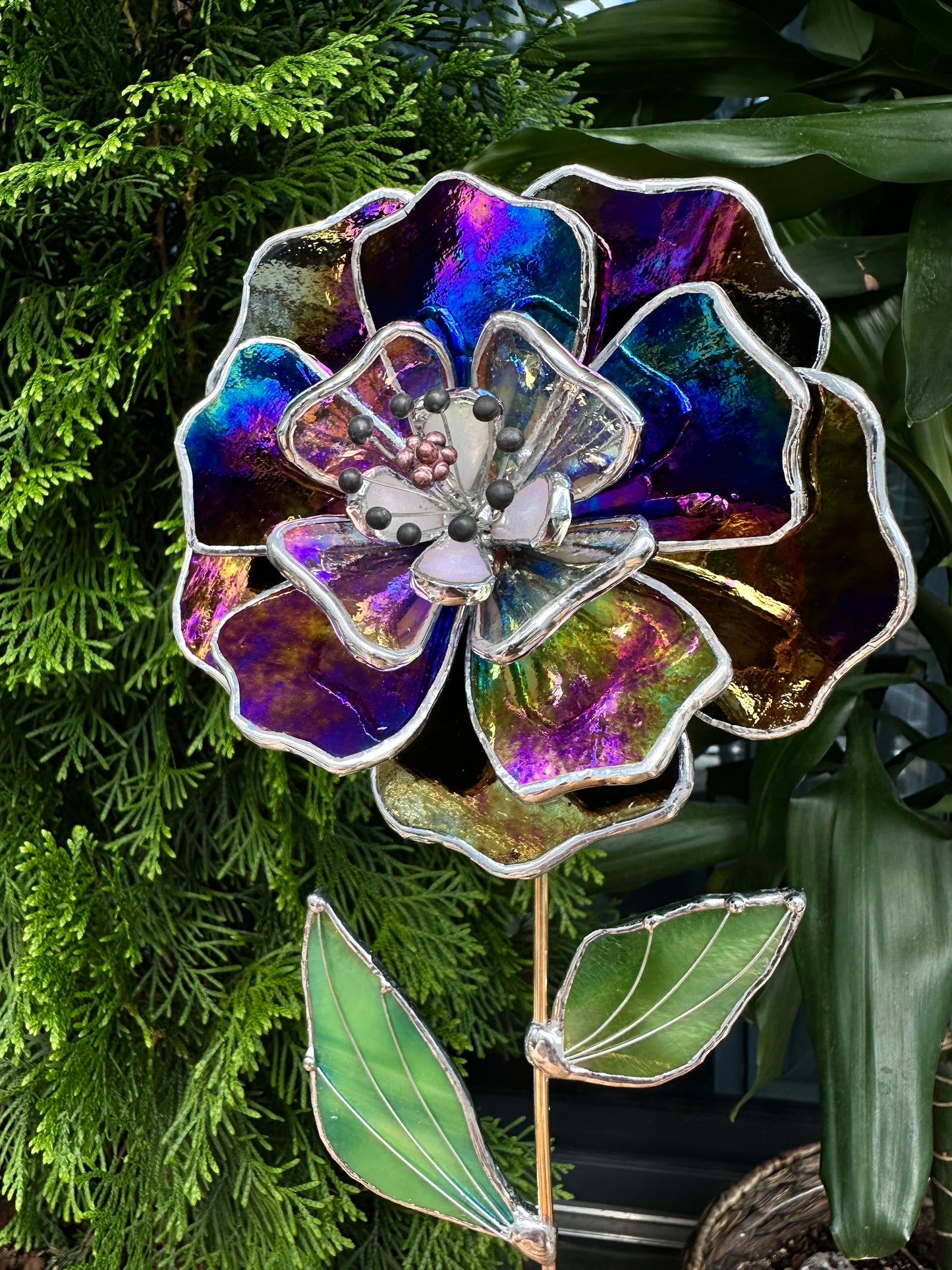 ". Multicolour Peony flower Iridescent", Stained glass tropical flower 3D, Sun catcher, Table plant decor, Garden stake, wedding decor, Christmas gift