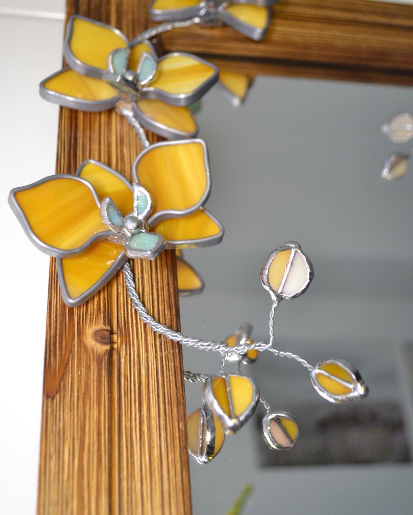 "Honey Orchid" Stained glass Mirror. Wall decor.  Sun catcher Art. Glass flowers Orchids