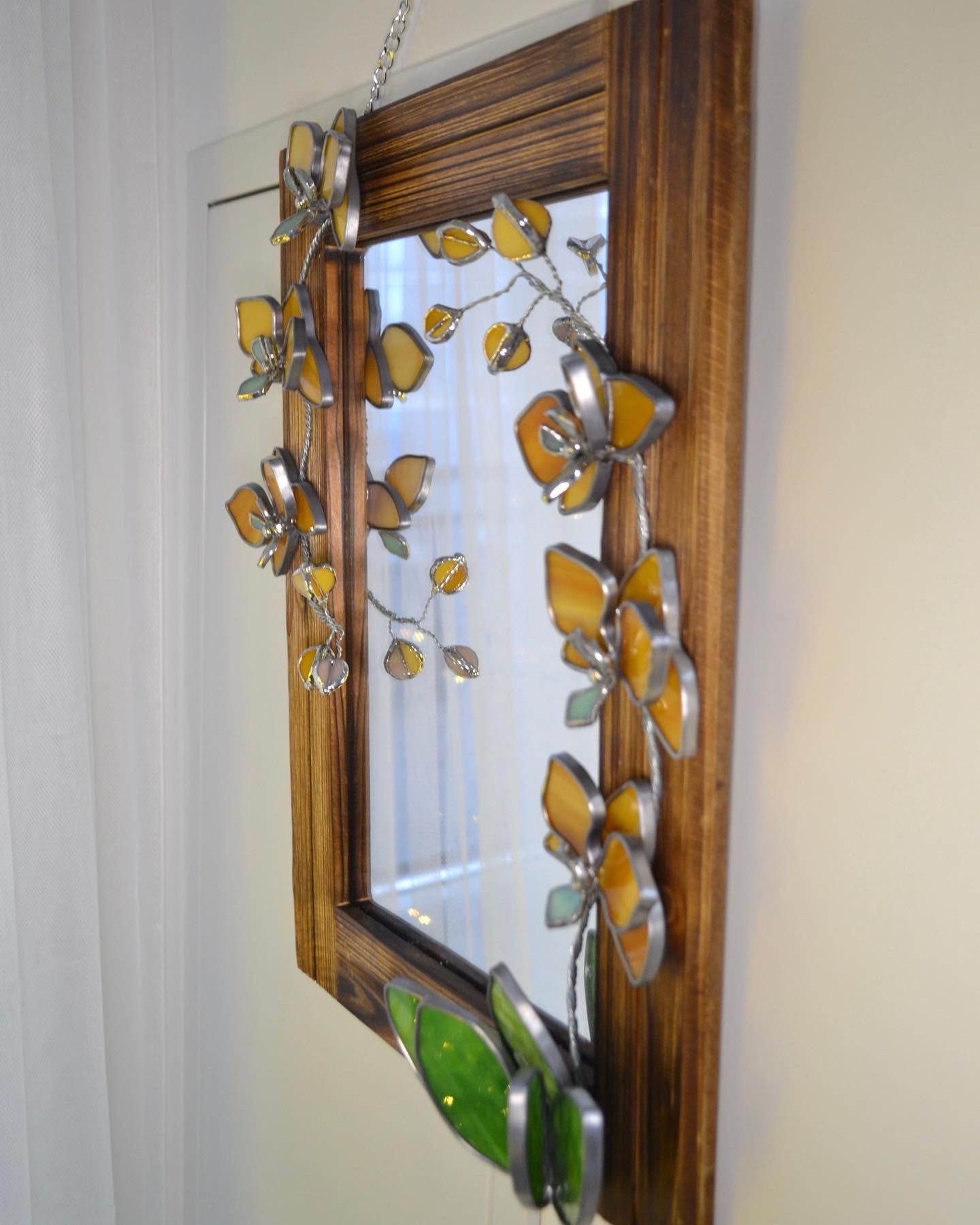 "Honey Orchid" Stained glass Mirror. Wall decor.  Sun catcher Art. Glass flowers Orchids