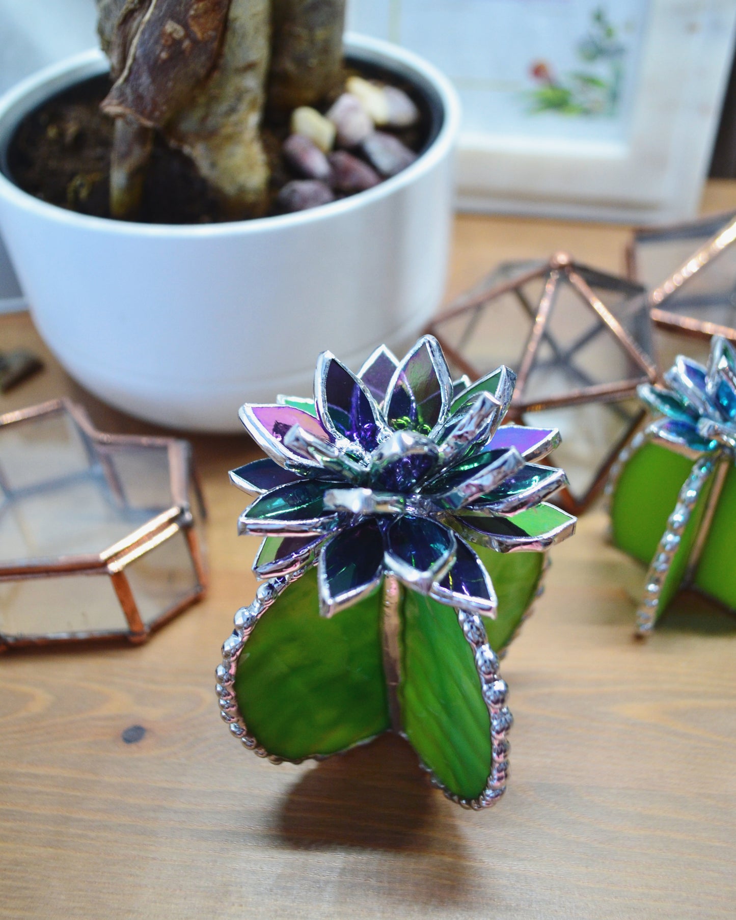 glass succulent Cactus Green Multicolour Handmade 3D Stained Glass Table Decor – Aura-Terrariums