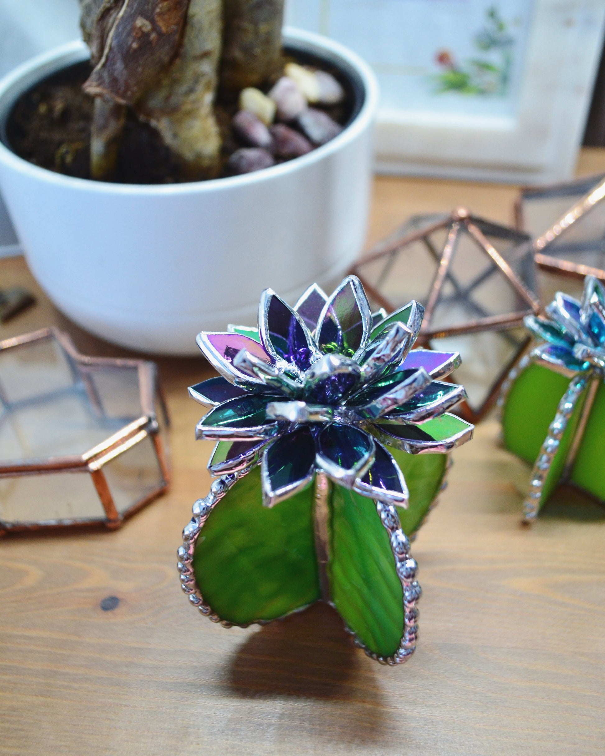 succulent glass table Cactus Green Multicolour Handmade 3D Stained Glass Table Decor – Aura-Terrariums