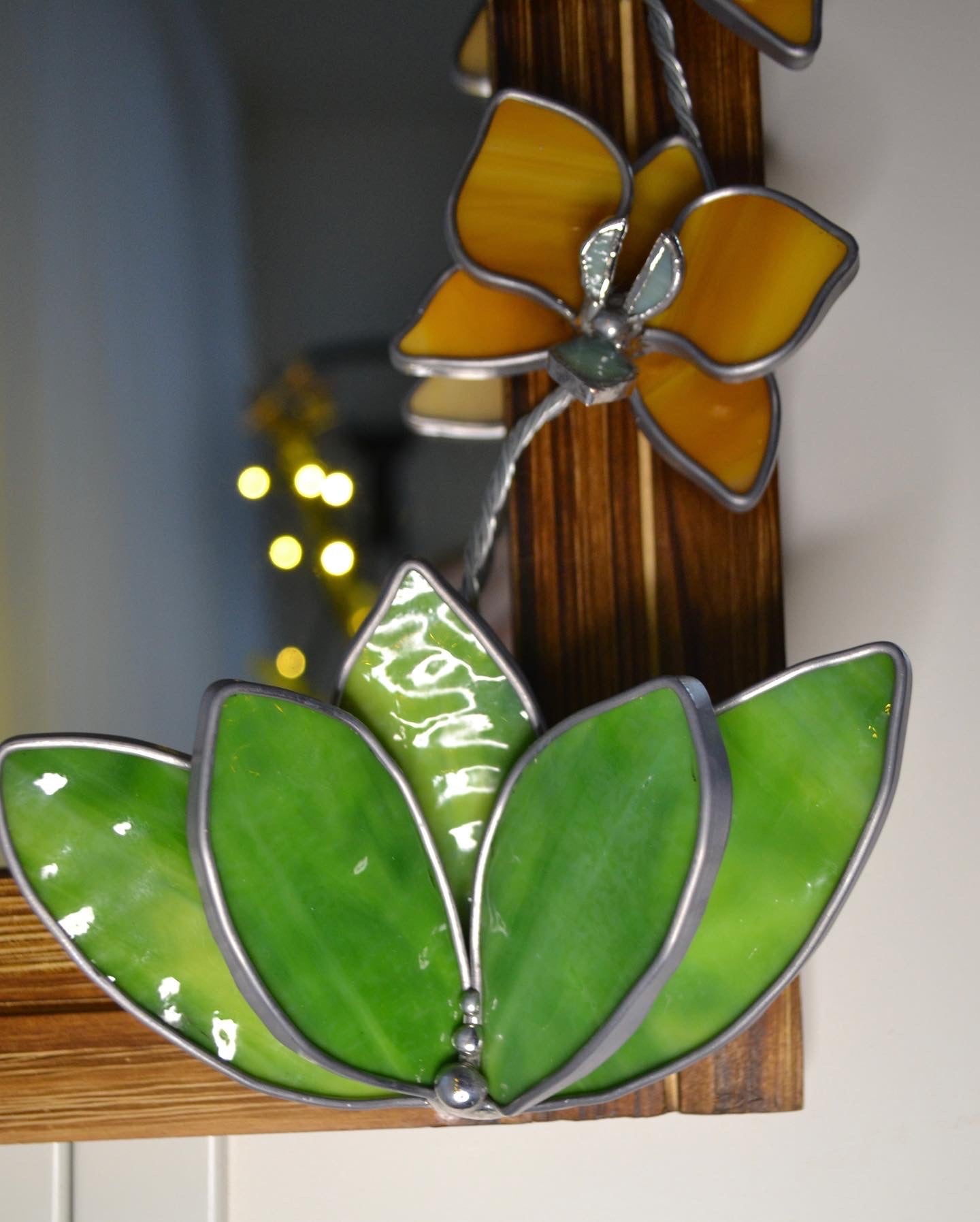 "Honey Orchid" Stained glass Mirror. Wall decor.  Sun catcher Art. Glass flowers Orchids