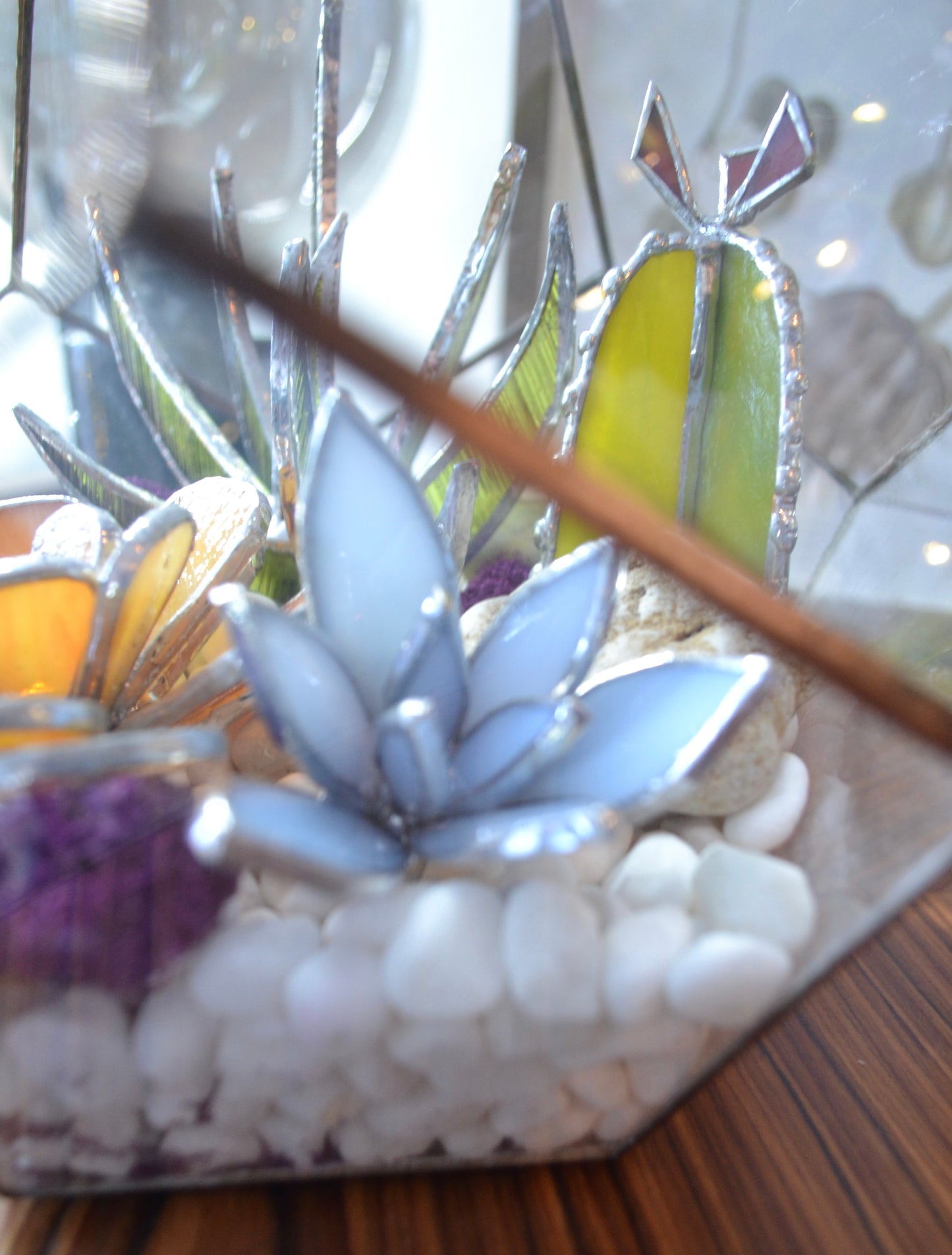 “ . Geometric glass terrarium with art glass 3D plants”