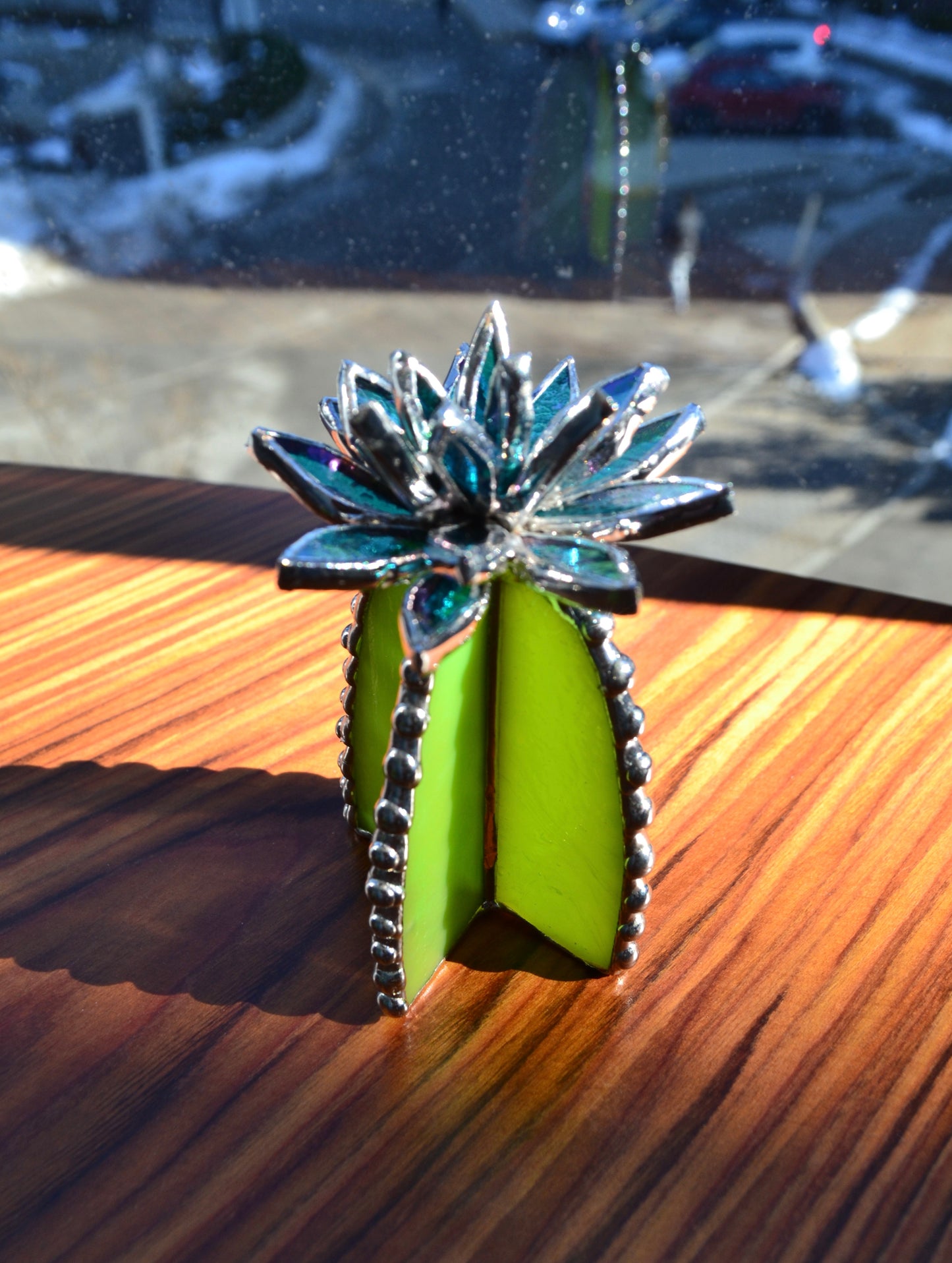 "Cactus M L Iridescent Blue " Stained glass, Succulent 3D design, Valentine’s gift, house plant for flower pot, Sun catcher