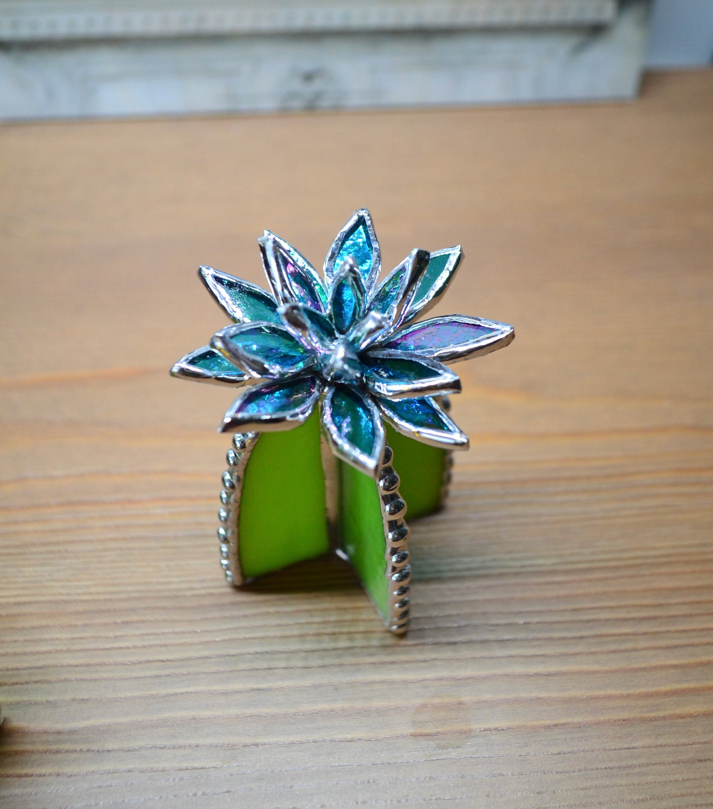 "Cactus M L Iridescent Blue " Stained glass, Succulent 3D design, Valentine’s gift, house plant for flower pot, Sun catcher