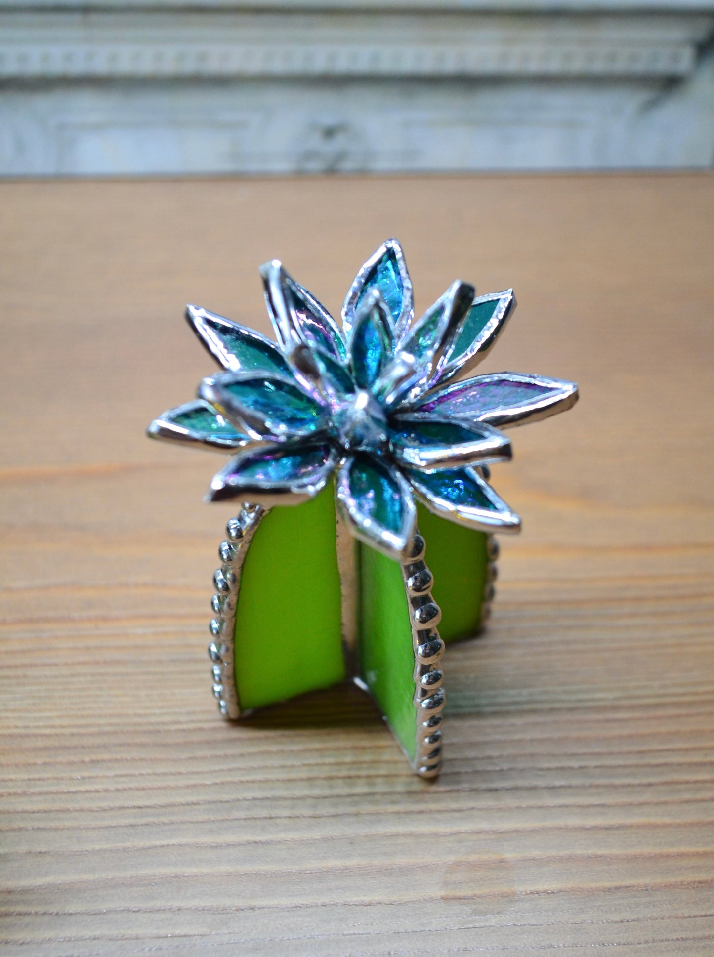 "Cactus M L Iridescent Blue " Stained glass, Succulent 3D design, Valentine’s gift, house plant for flower pot, Sun catcher