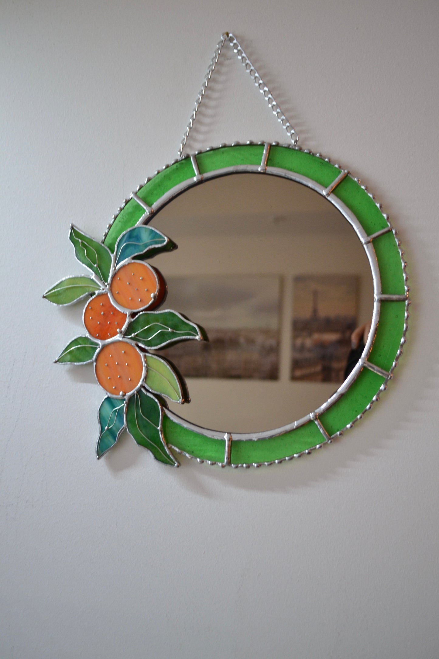 "Fresh Oranges" Stained glass Mirror Wall decor Sun catcher, Wedding gift. Home decor, bedroom, bathroom, available